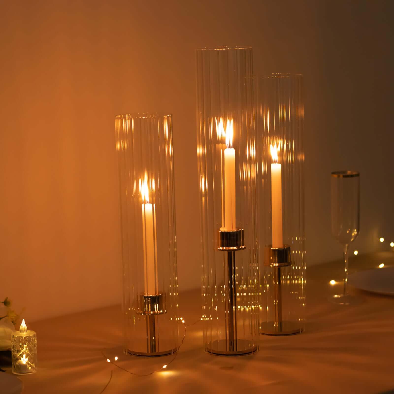 Stylish Set of 3 Clear Ribbed Glass Hurricane Shades for Candles - 15', 17', 19'