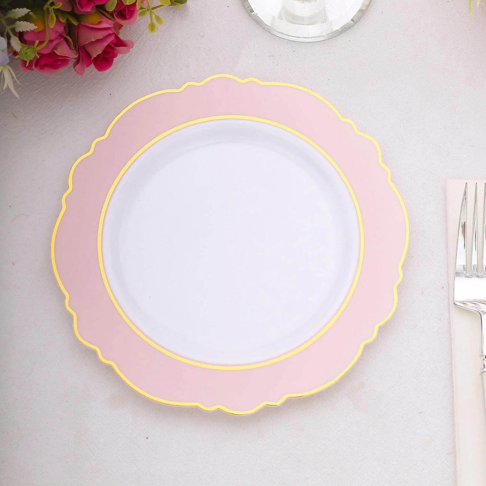 10-Pack Disposable White Plastic Dessert Plates with Blush Blossom & Gold Edging