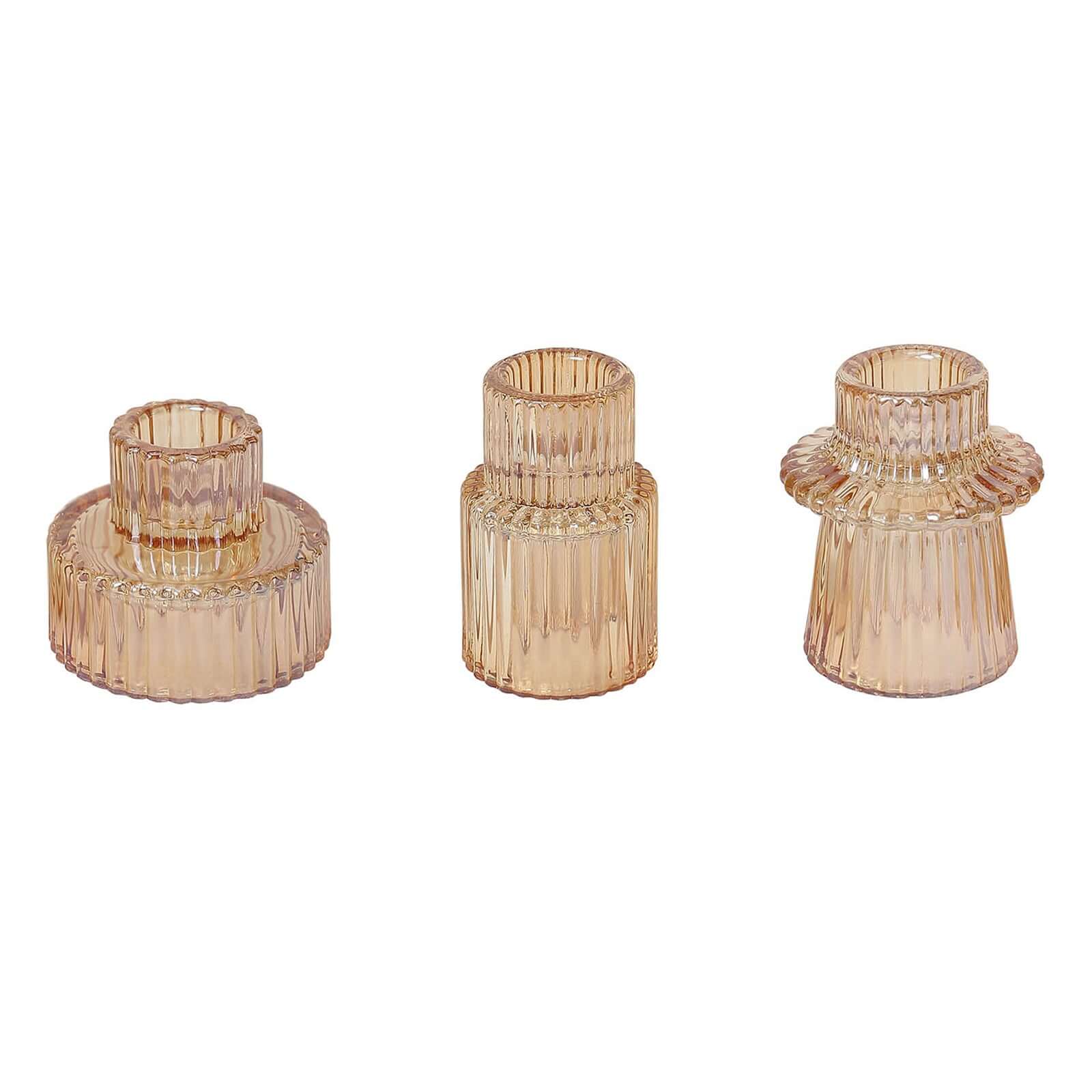 Hot Sale! Set of 6 Amber Gold Glass Taper Candle Holders with Ribbed Crystal Design