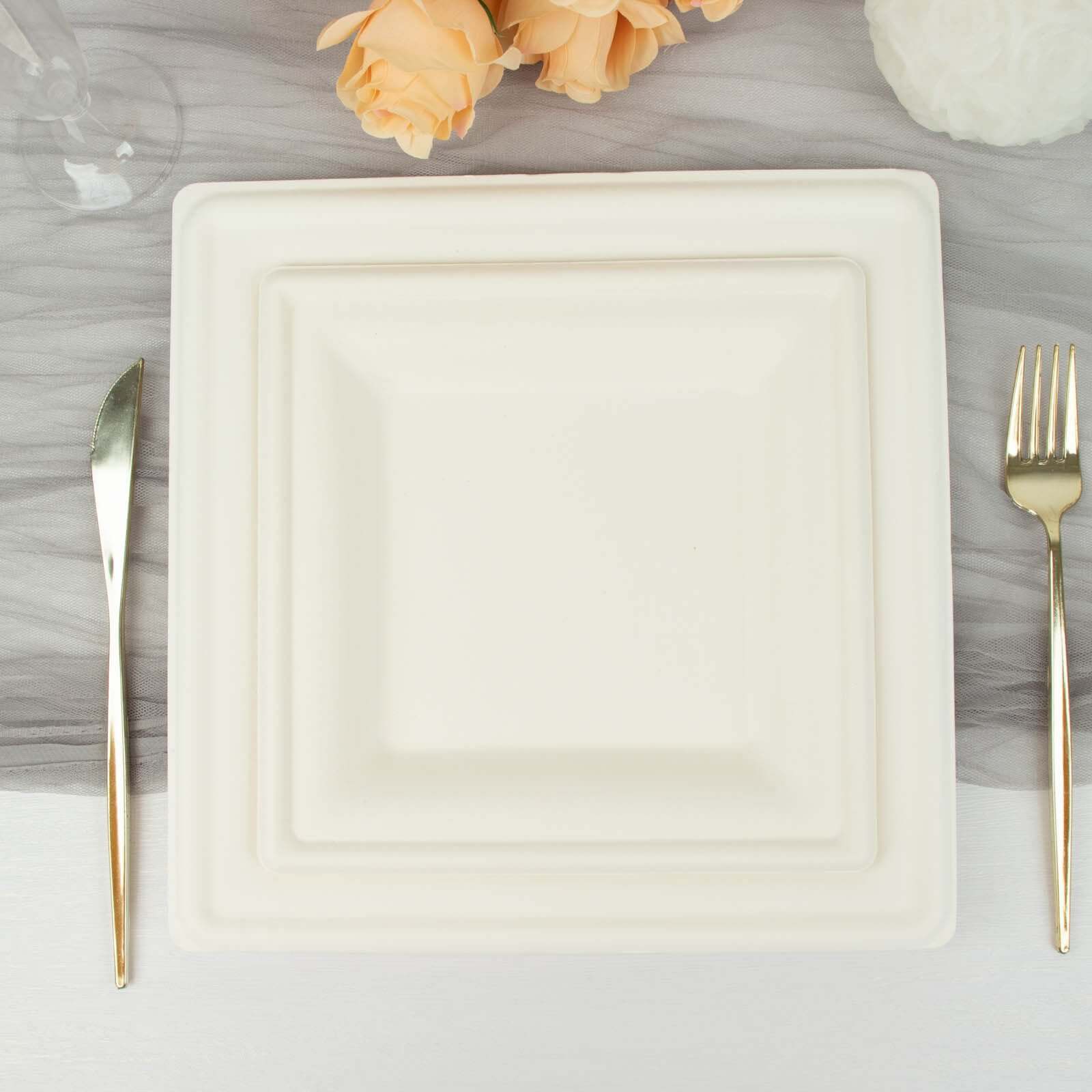 50-Pack White Bagasse 8" Square Wide Rim Dessert/Salad Plates - Eco-Friendly for Parties