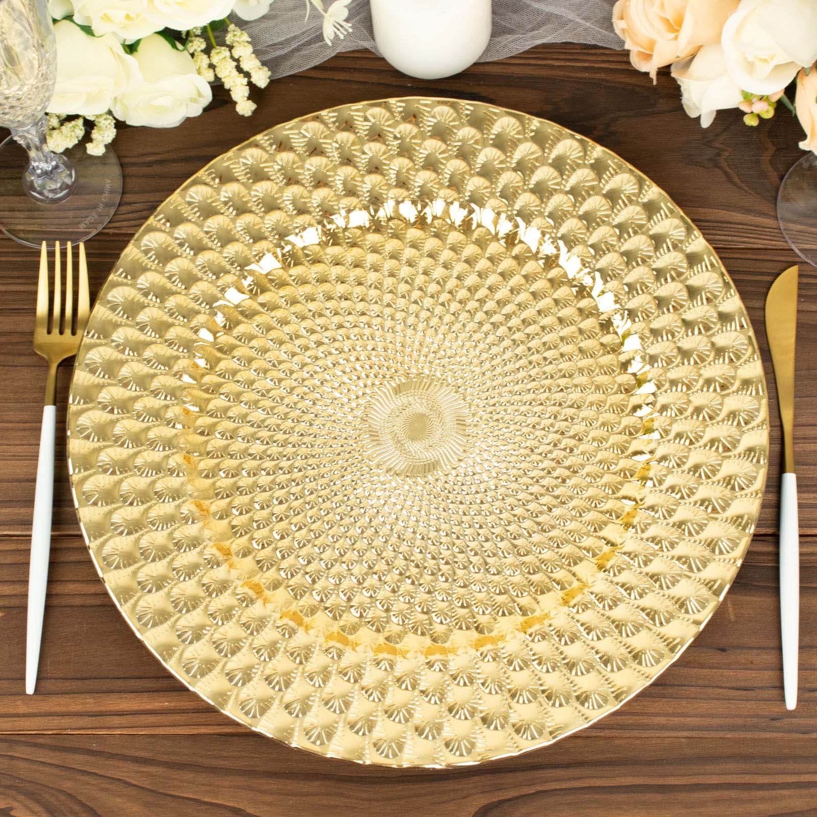 Set of 6 Gold Plastic Round Charger Plates with Peacock Pattern, 13-inch for Elegant Dinner Parties