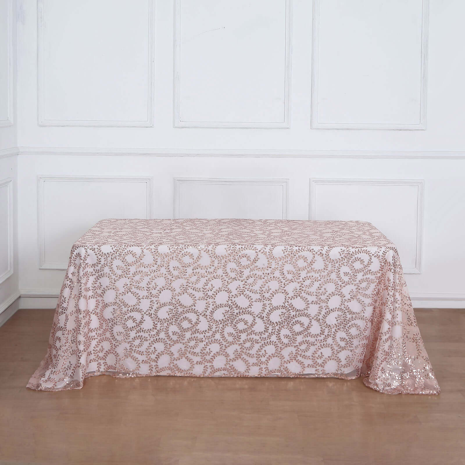 Sparkling Rose Gold Sequin Leaf Embroidered Tulle Rectangle Tablecloth 90x156 for Events