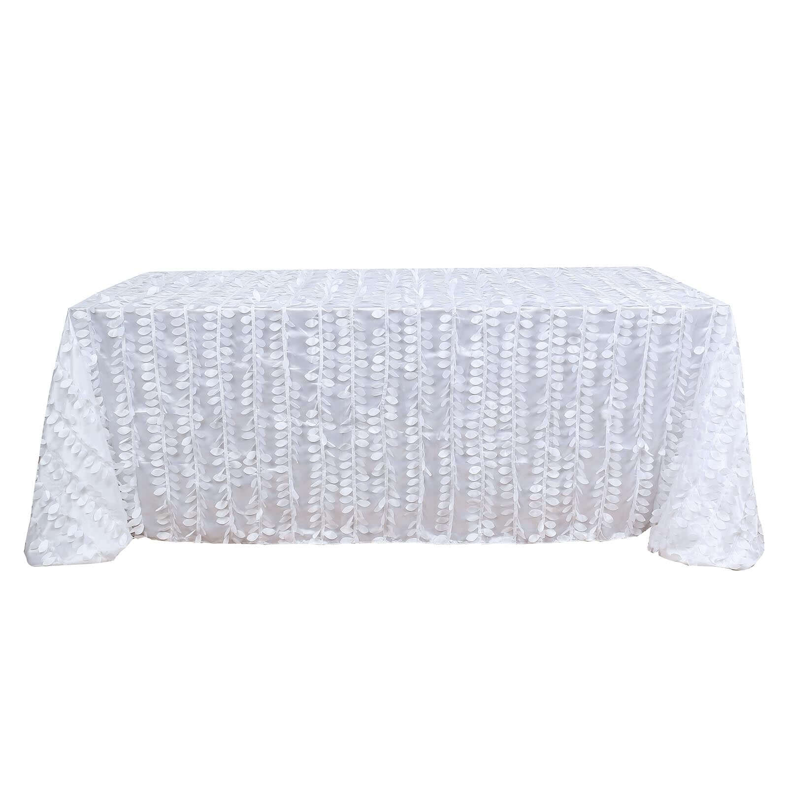 White Taffeta Rectangle Tablecloth 90x132 | 3D Leaf Petal Design for Elegant Weddings & Events