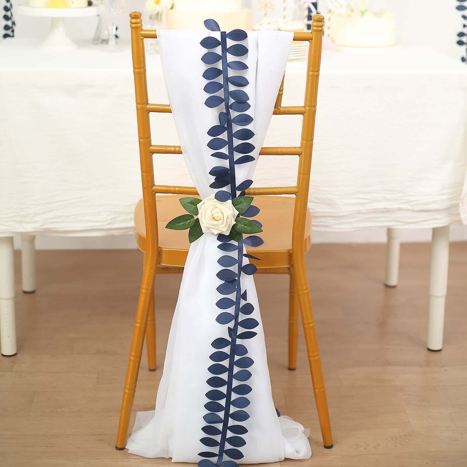 Navy Blue Taffeta Ribbon Sash with 4 - Leaf Petal Design, 50ft - Ideal for Decor