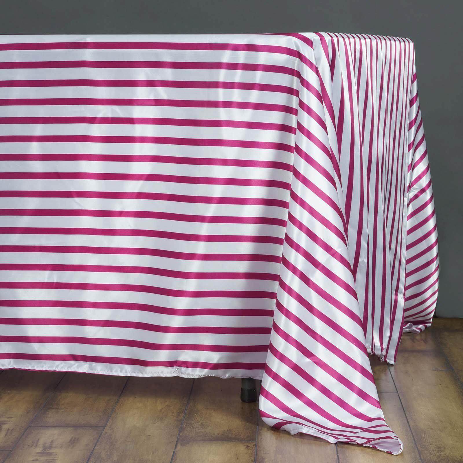 60x102 Rectangle Satin Tablecloth in White/Fuchsia Stripes with Silky Finish