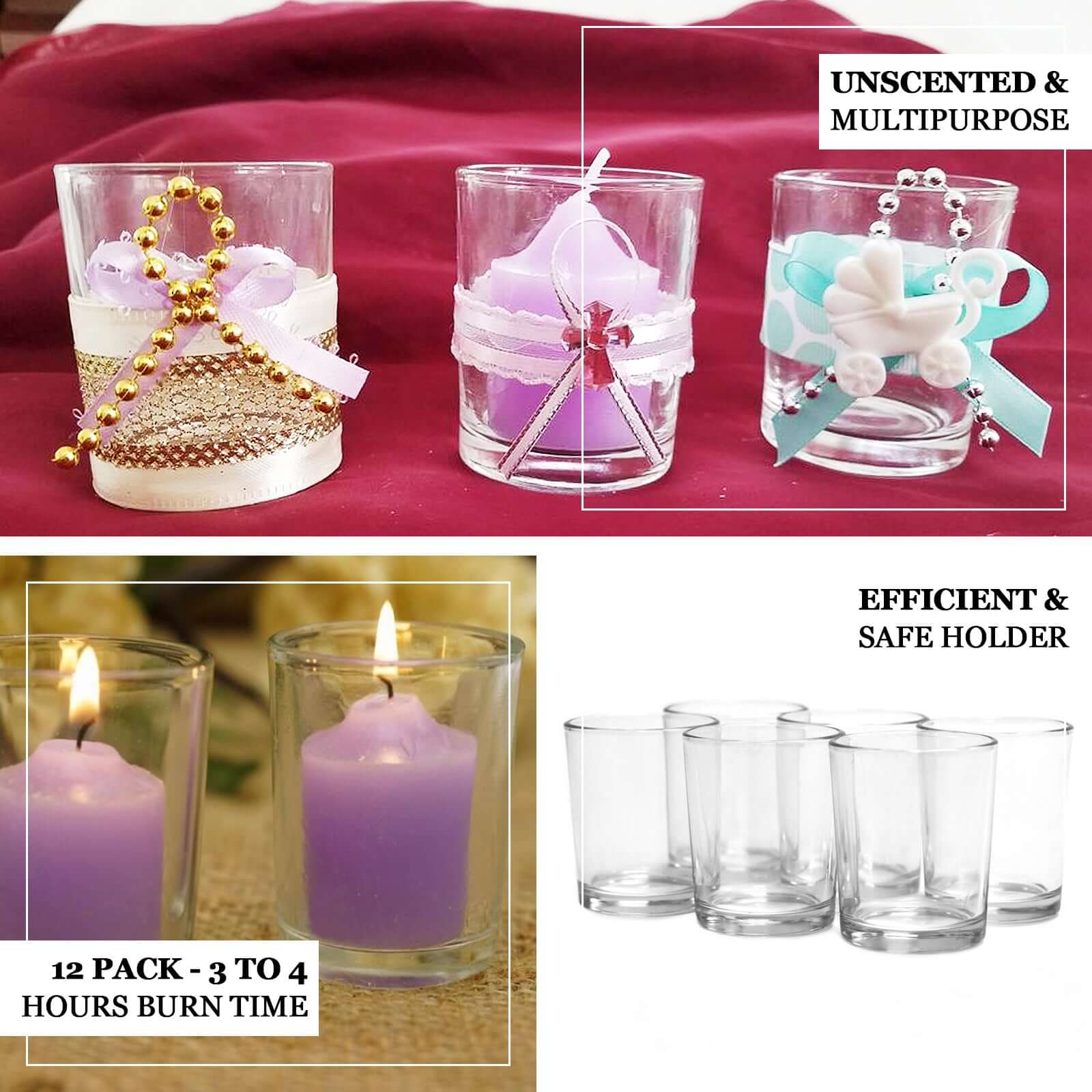 12-Piece Set of White Votive Tealight Candles with Clear Glass Holders for Decor