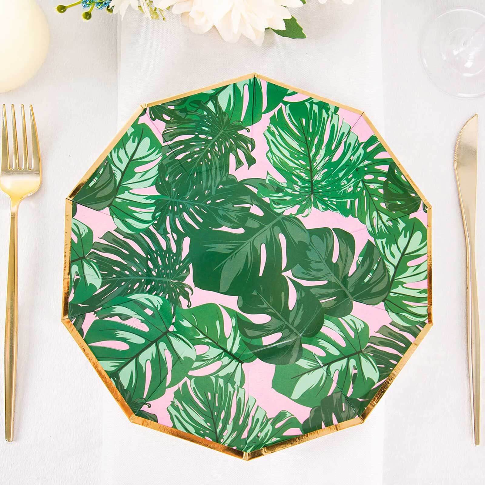 25-Pack 9" Pink Paper Decagon Dinner Plates with Green Palm Leaves & Gold Rim - Ideal for Luau & Summer Parties