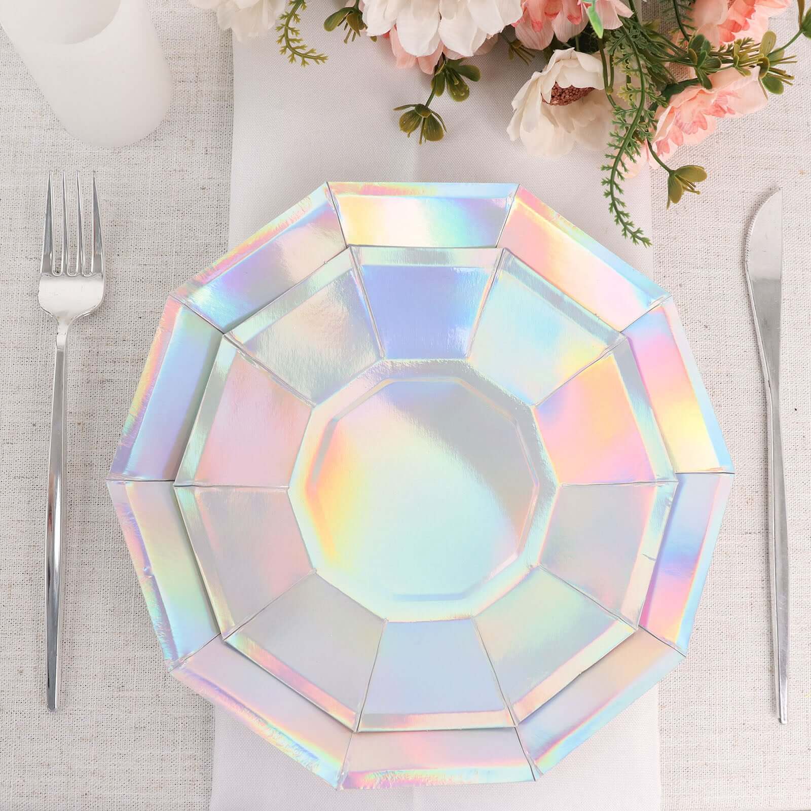 25-Pack 9-Inch Iridescent Decagon Disposable Dinner Plates for Disco & Space Parties