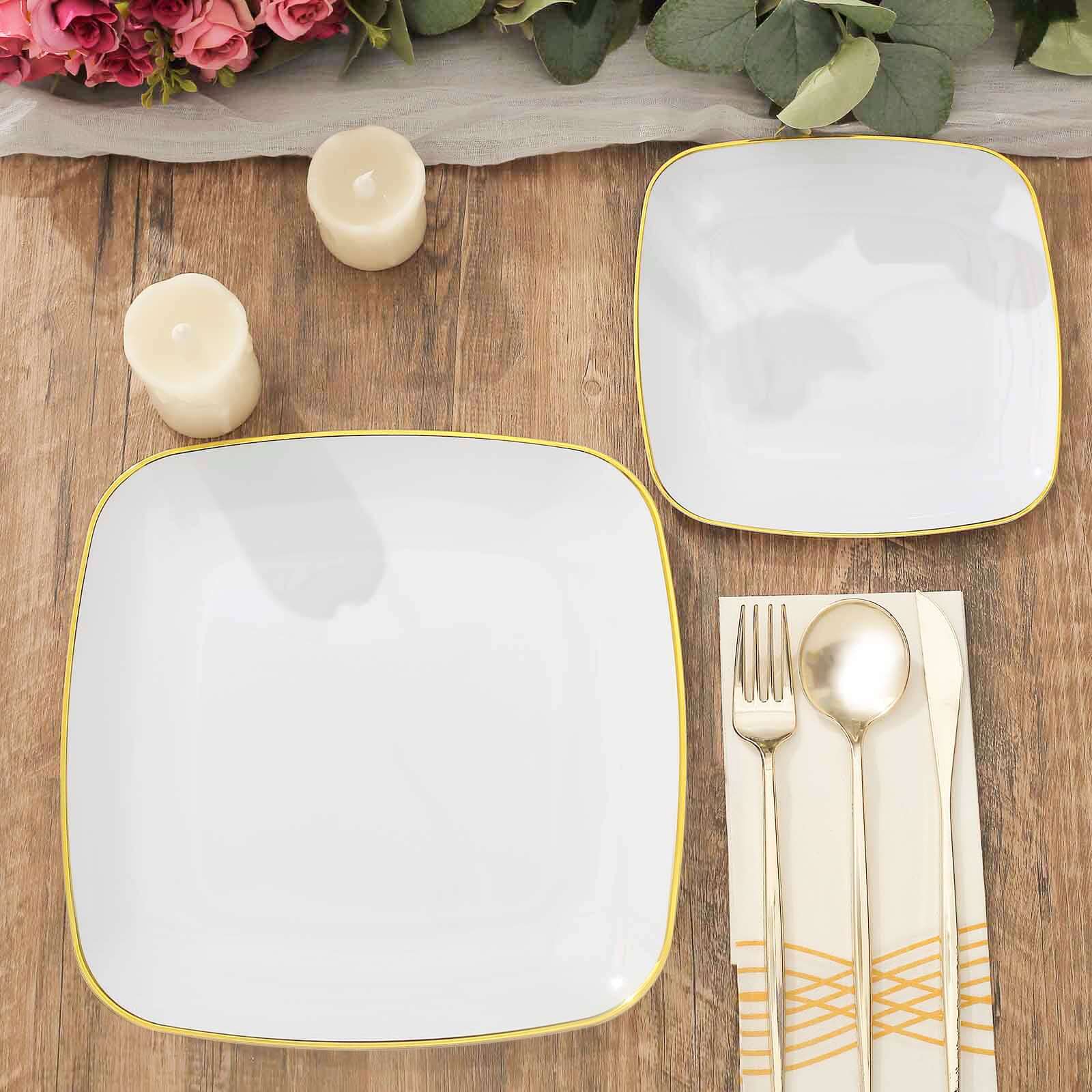 10-Pack White Plastic Dinner Plates with Gold Rim - Disposable for Weddings and Special Events