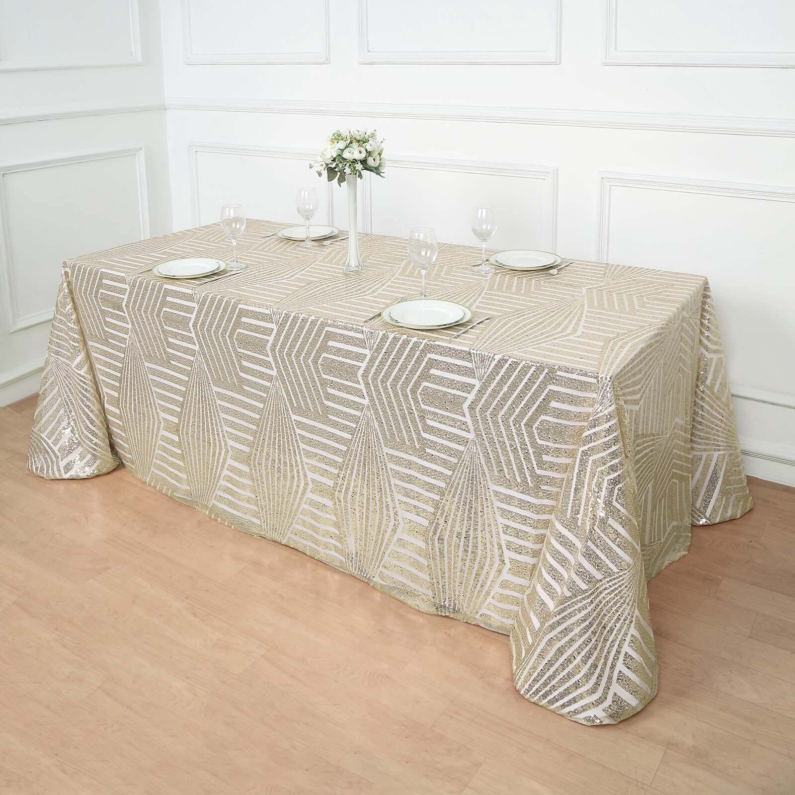 Exclusive Champagne Sequin Rectangle Tablecloth with Diamond Design