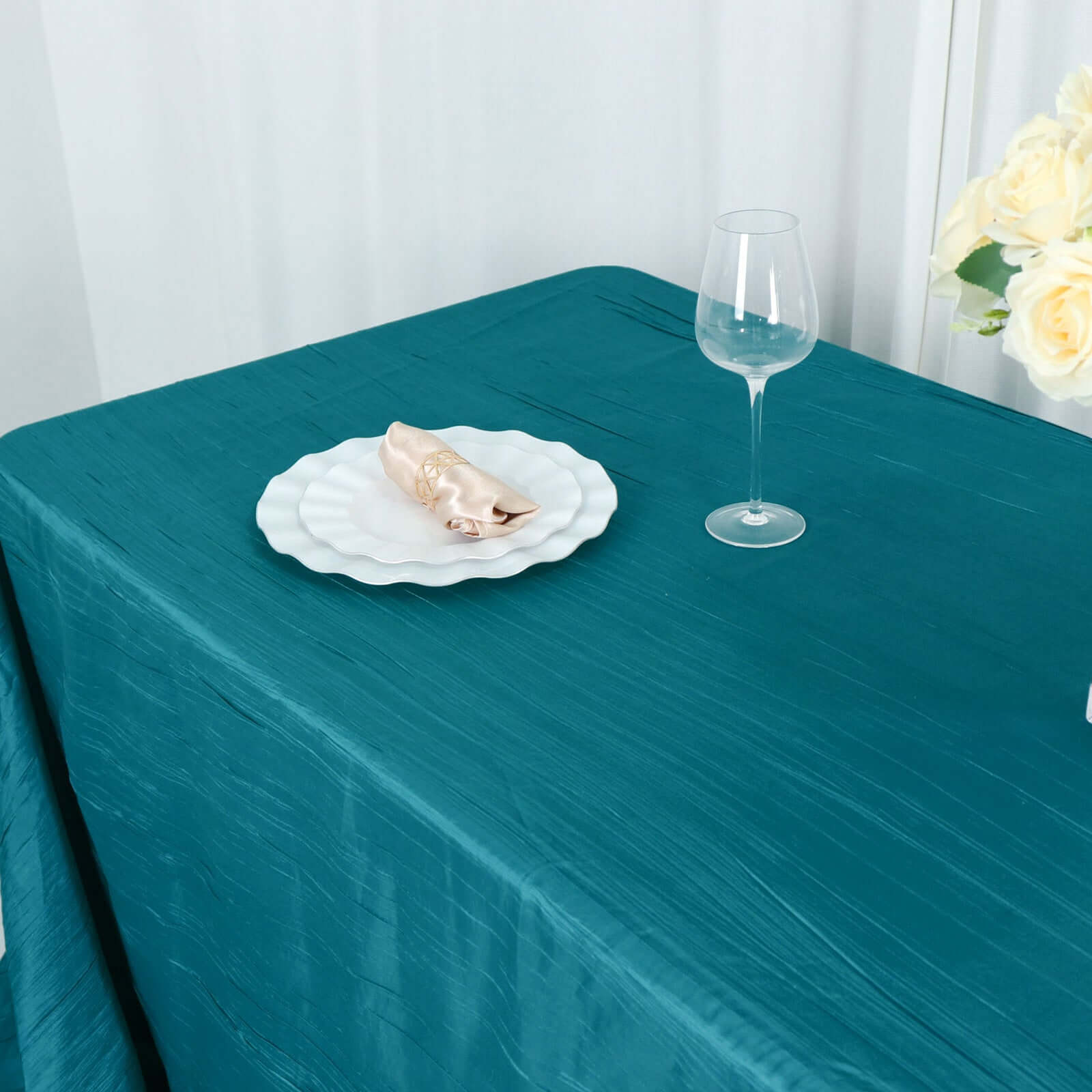 Teal Crinkle Taffeta 90x156 Rectangle Tablecloth - Seamless, Exquisite Cover