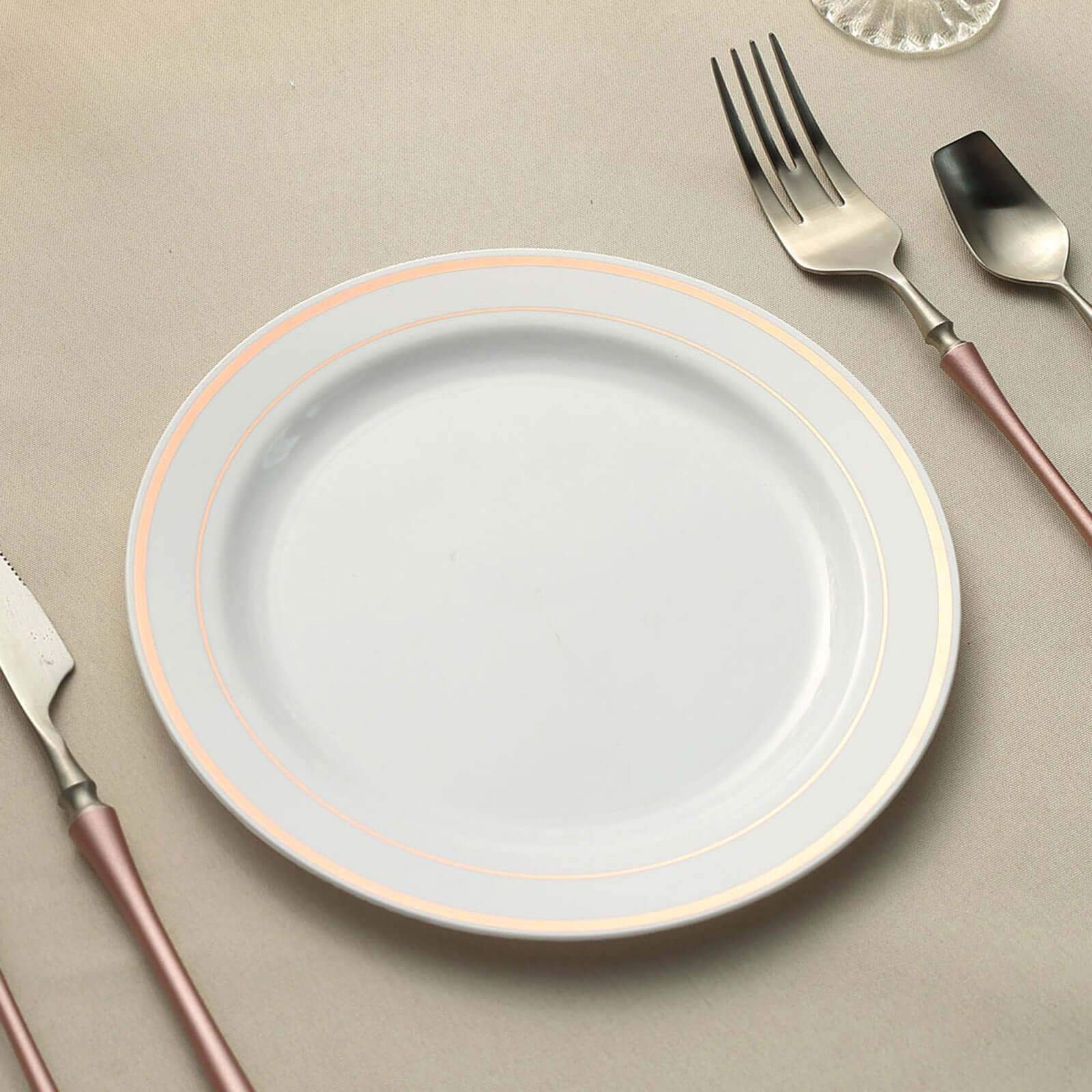10-Piece Set of White Disposable Plastic Dessert Plates with Stylish Rose Gold Rim, 8 Inches