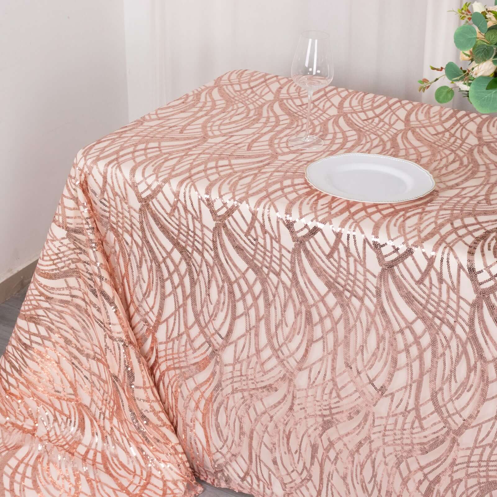 Sparkly Rose Gold Sequin Embroidered Mesh Rectangle Tablecloth (90x156) for Special Events