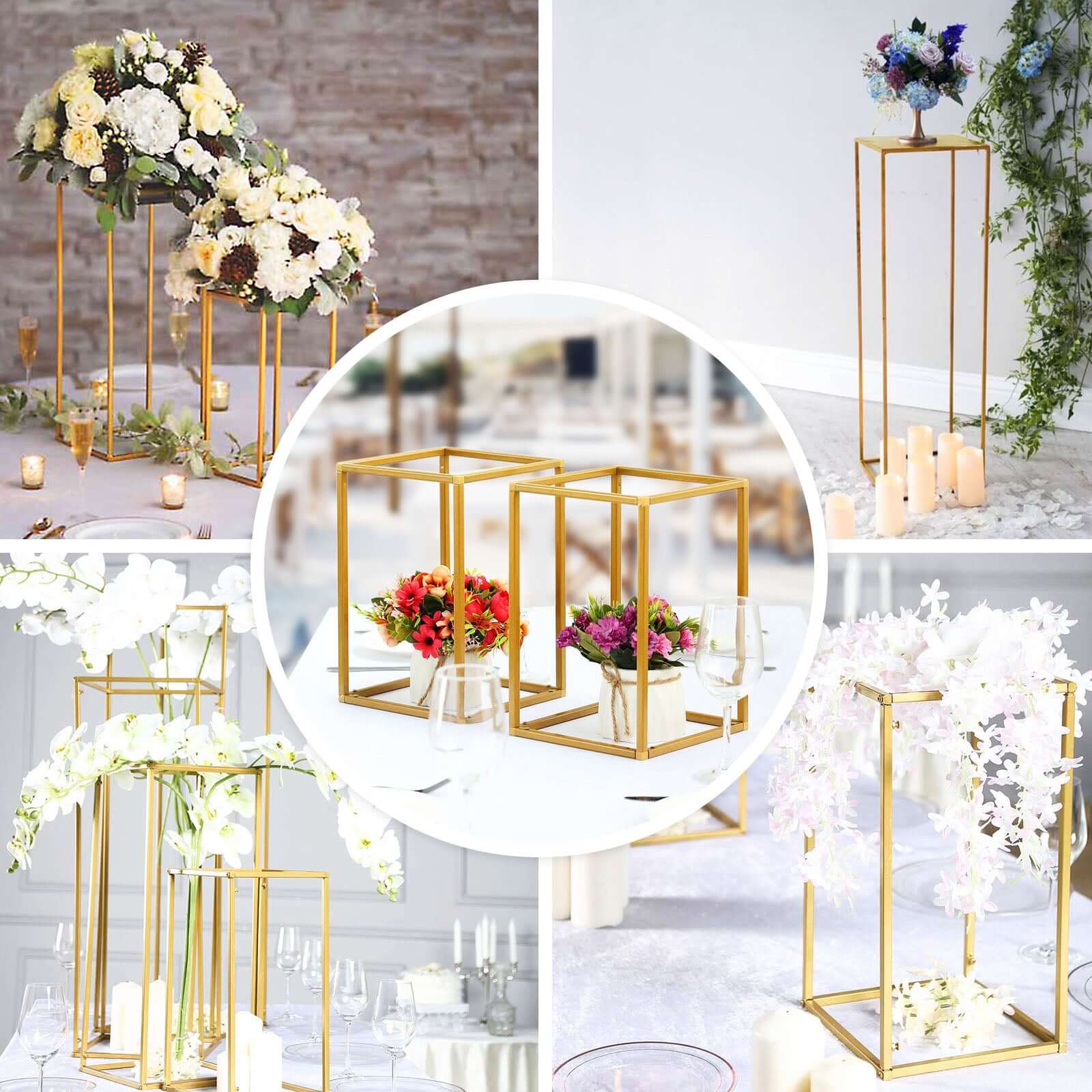 2-Pack Matte Gold Metal Rectangular Geometric Column Flower Stand for Elegant Arrangements