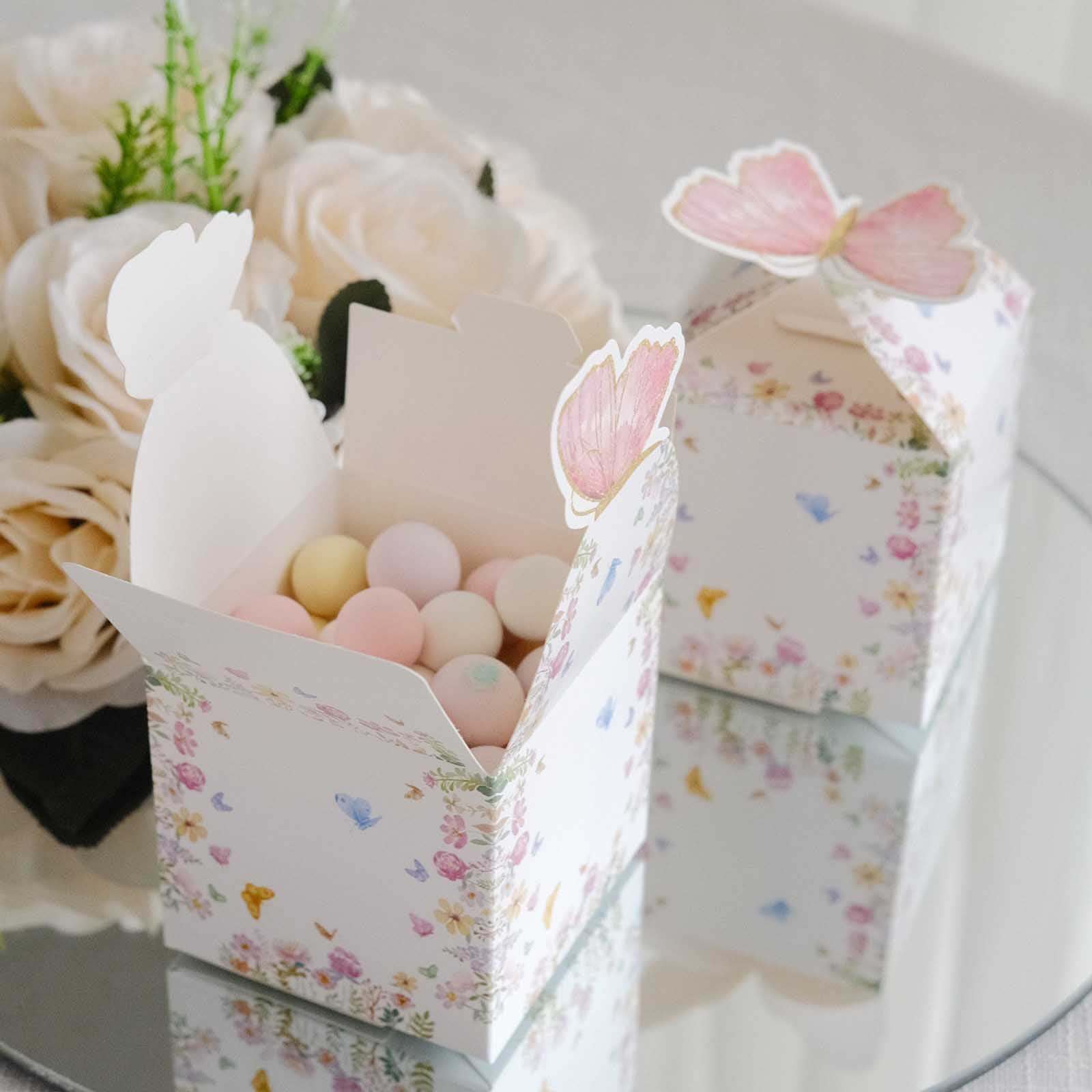 Hot Deal! 25-Pack White and Pink Glitter Butterfly Top Floral Party Favor Candy Gift Boxes