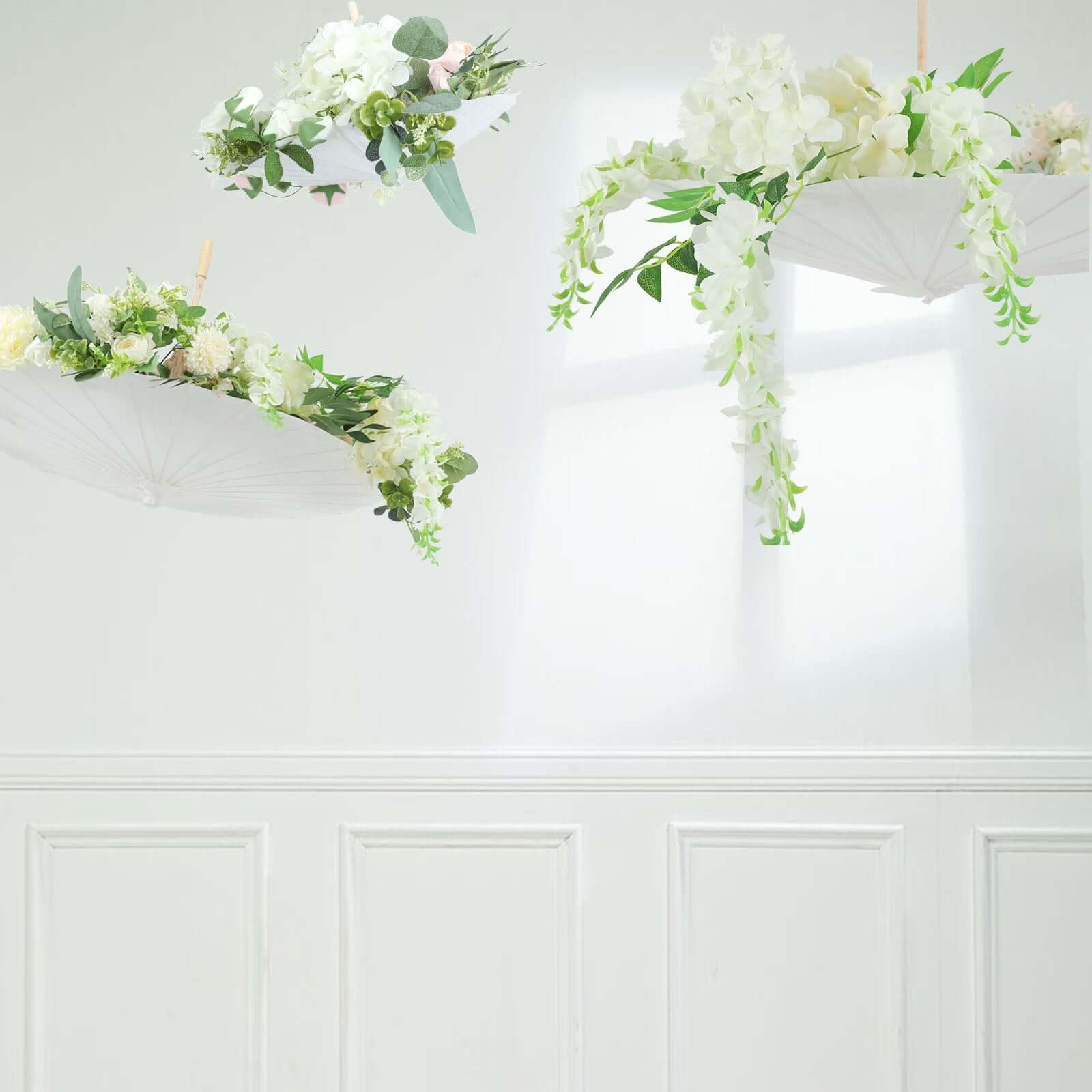 Hot Deal! 2-Pack White Paper and Bamboo Parasol Umbrellas Ideal for Bridal Shower Photos and Table Decor