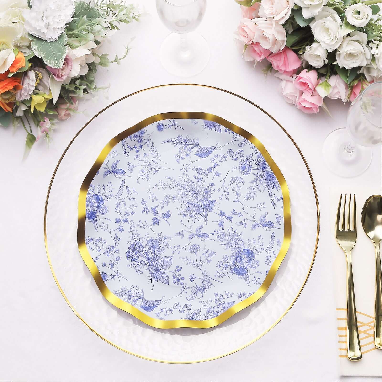 Get 25-Piece Set of Disposable 10-Inch White Paper Dinner Plates with Blue French Toile & Gold Wavy Rim