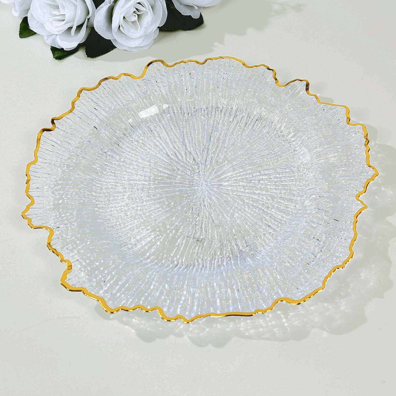 Hot Sale! 6-Pack 12-Inch Clear Plastic Round Charger Plates with Gold Reef Design for Dinner Parties