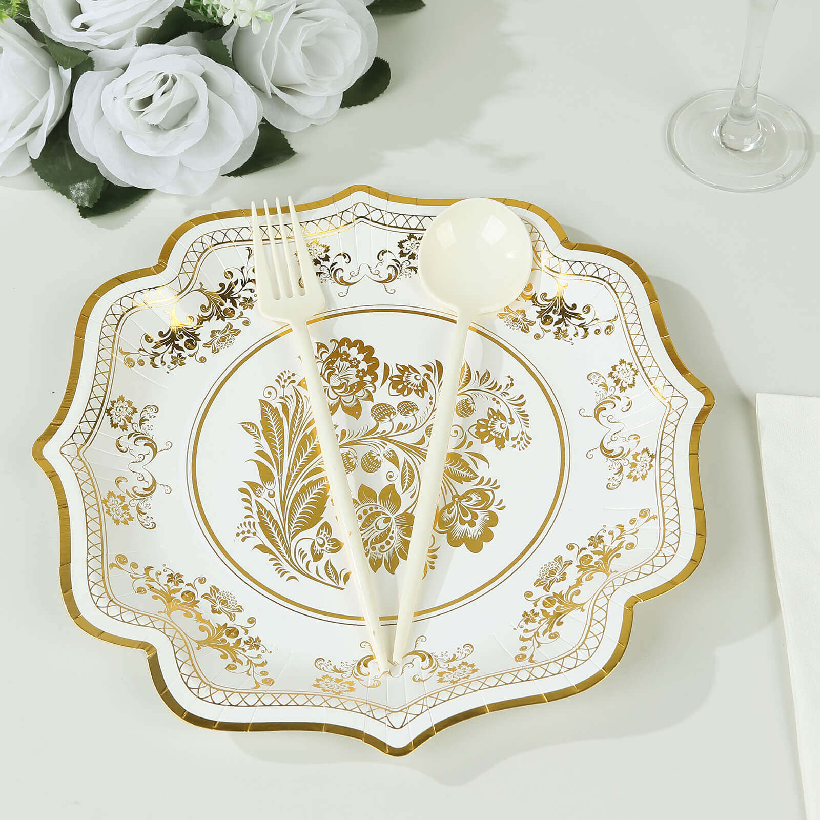25-Piece Set of Elegant White and Gold Damask Floral Disposable Paper Dinner Plates, 10-Inch Size