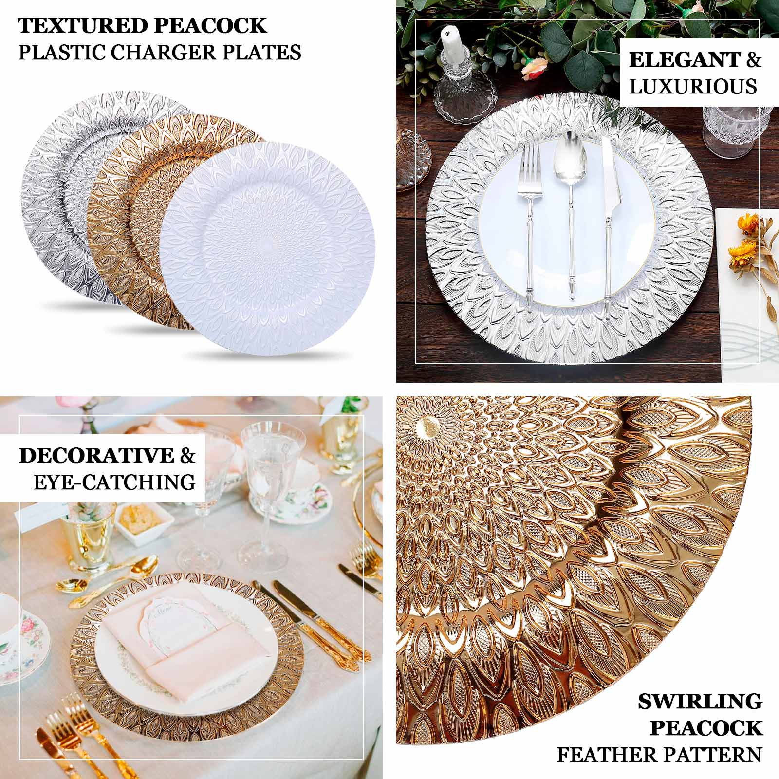 Hot Sale! 6-Piece Set of 13-Inch Gold Plastic Charger Plates with Embossed Peacock Design