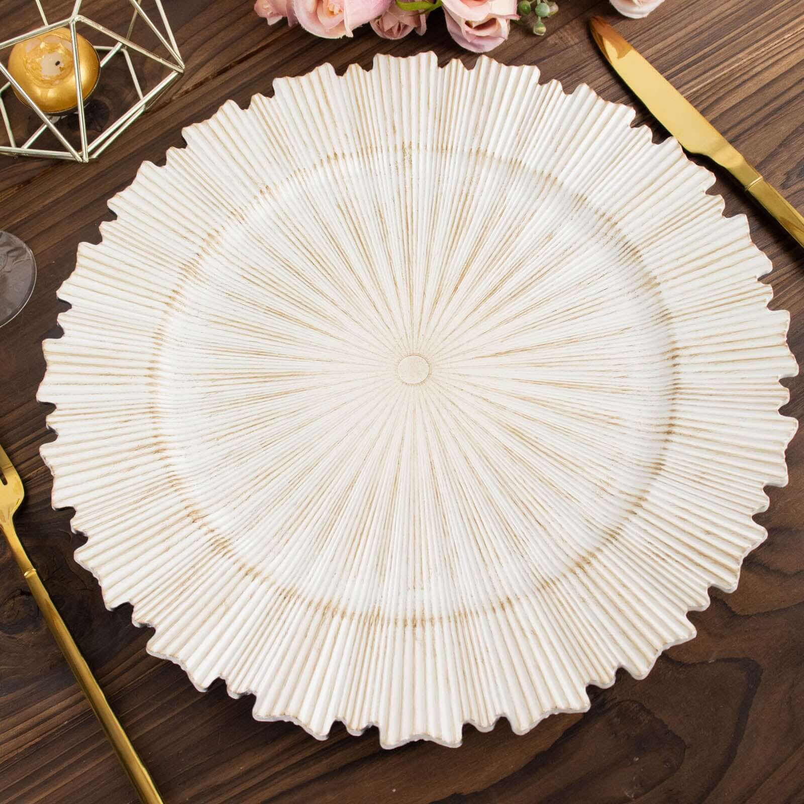 6-Piece Set of 13-Inch Washwhite Acrylic Charger Plates with Sunray Scalloped Rim for Dinner Parties
