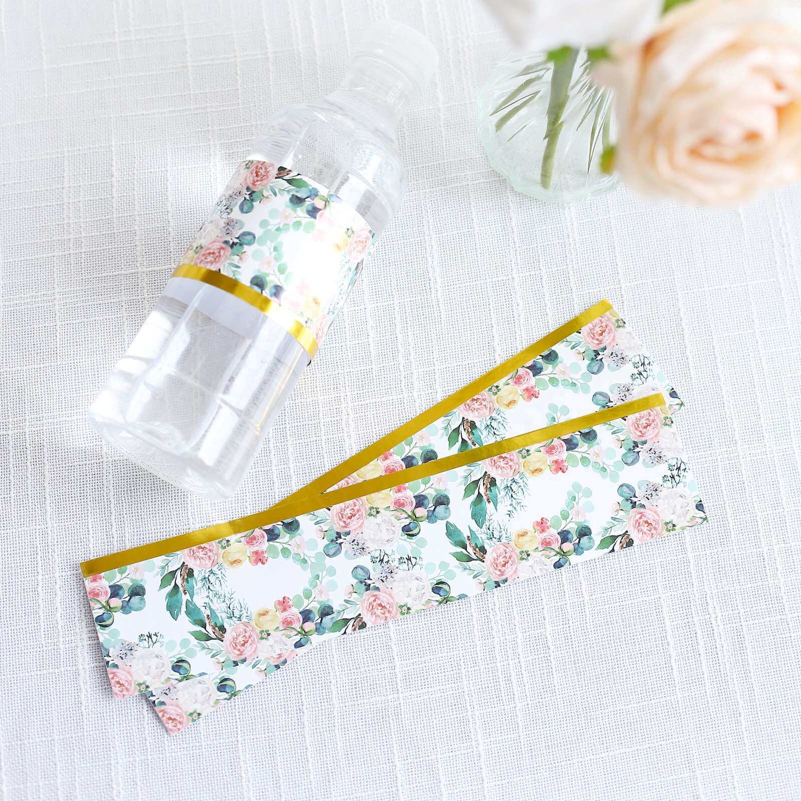 24-Pack Waterproof Water Bottle Labels: Peony Floral Design with Gold Trim in White & Pink
