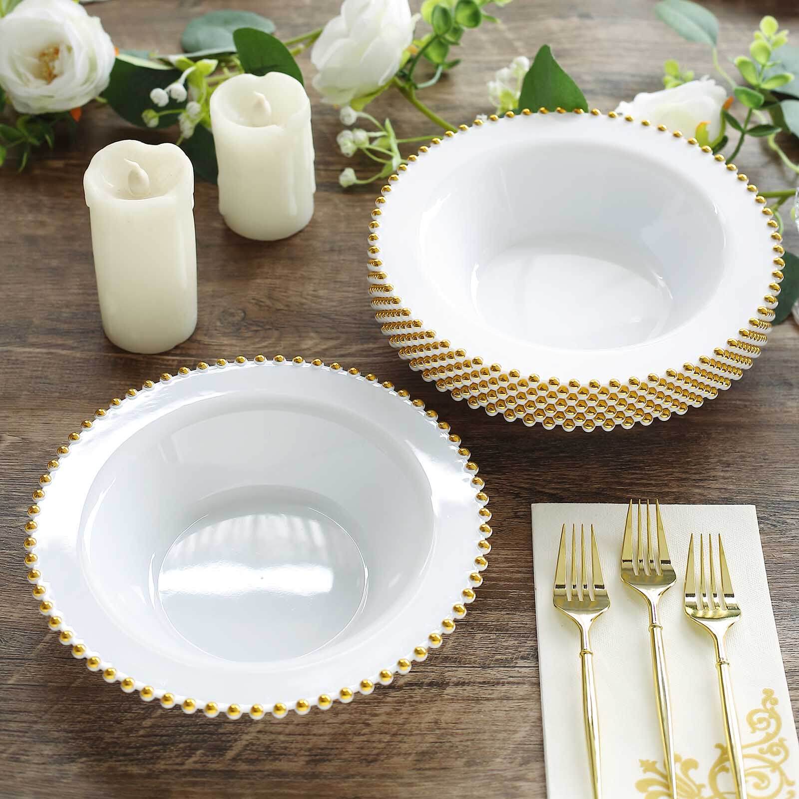 10-Pack 12oz Disposable White Plastic Salad & Soup Bowls with Gold Beaded Rim - Great Value!