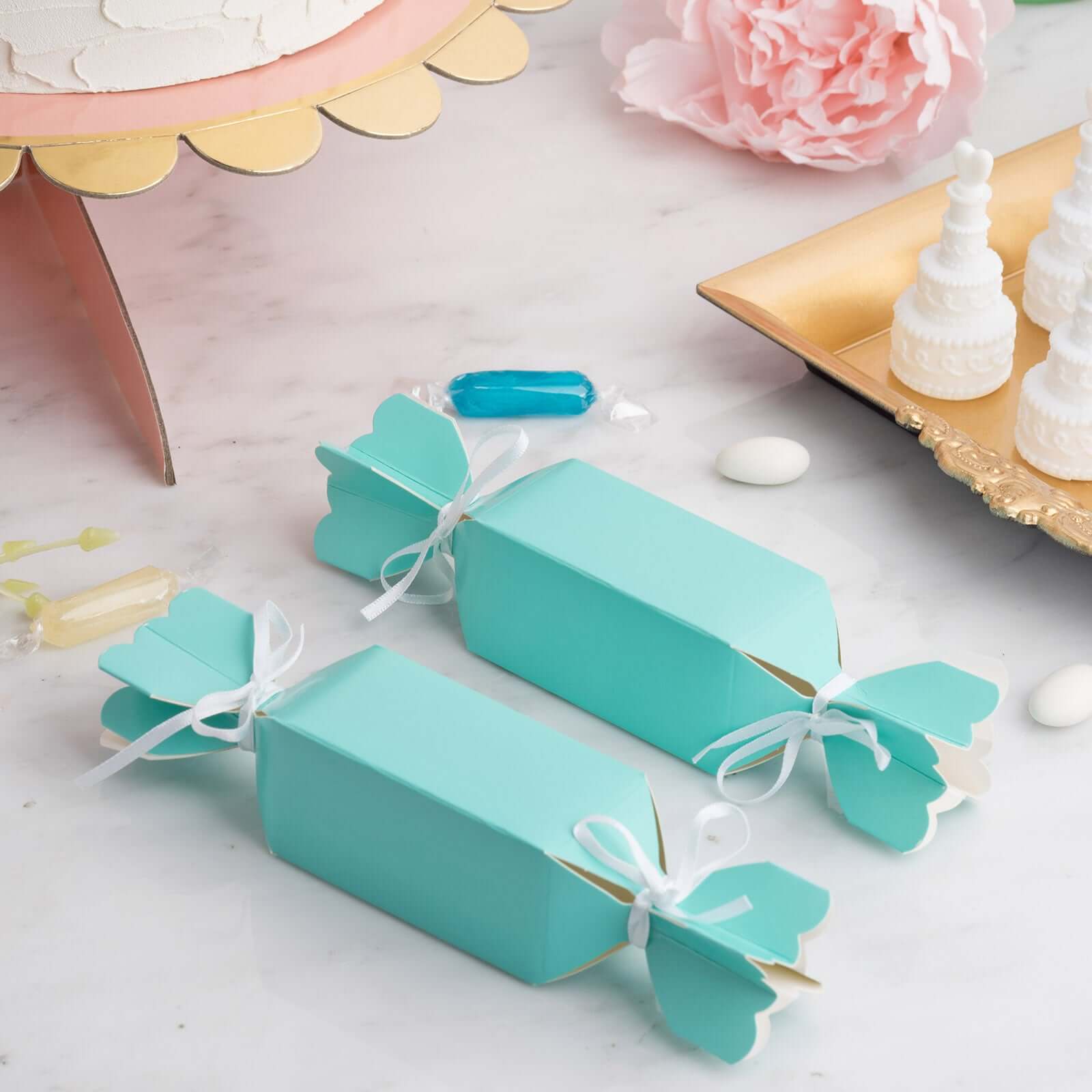25-Pack Turquoise Candy-Shaped Party Favor Gift Boxes with Satin Ribbons - On Clearance
