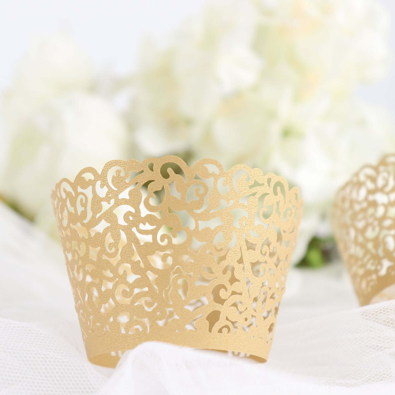 25-Piece Gold Lace Laser-Cut Paper Cupcake Wrappers for Event Baking