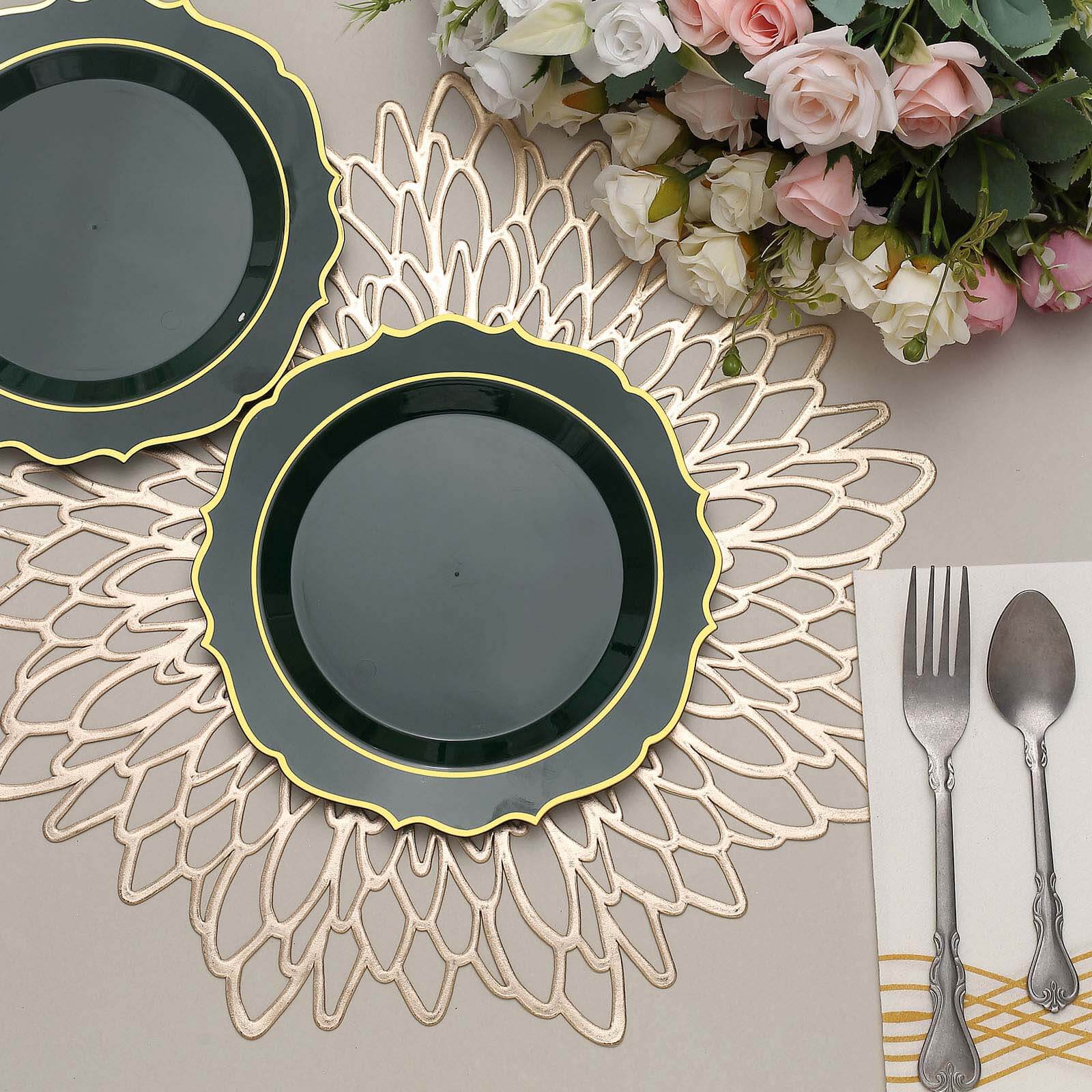 10-Pack Disposable 8-Inch Round Salad Plates in Hunter Green with Gold Scalloped Rim
