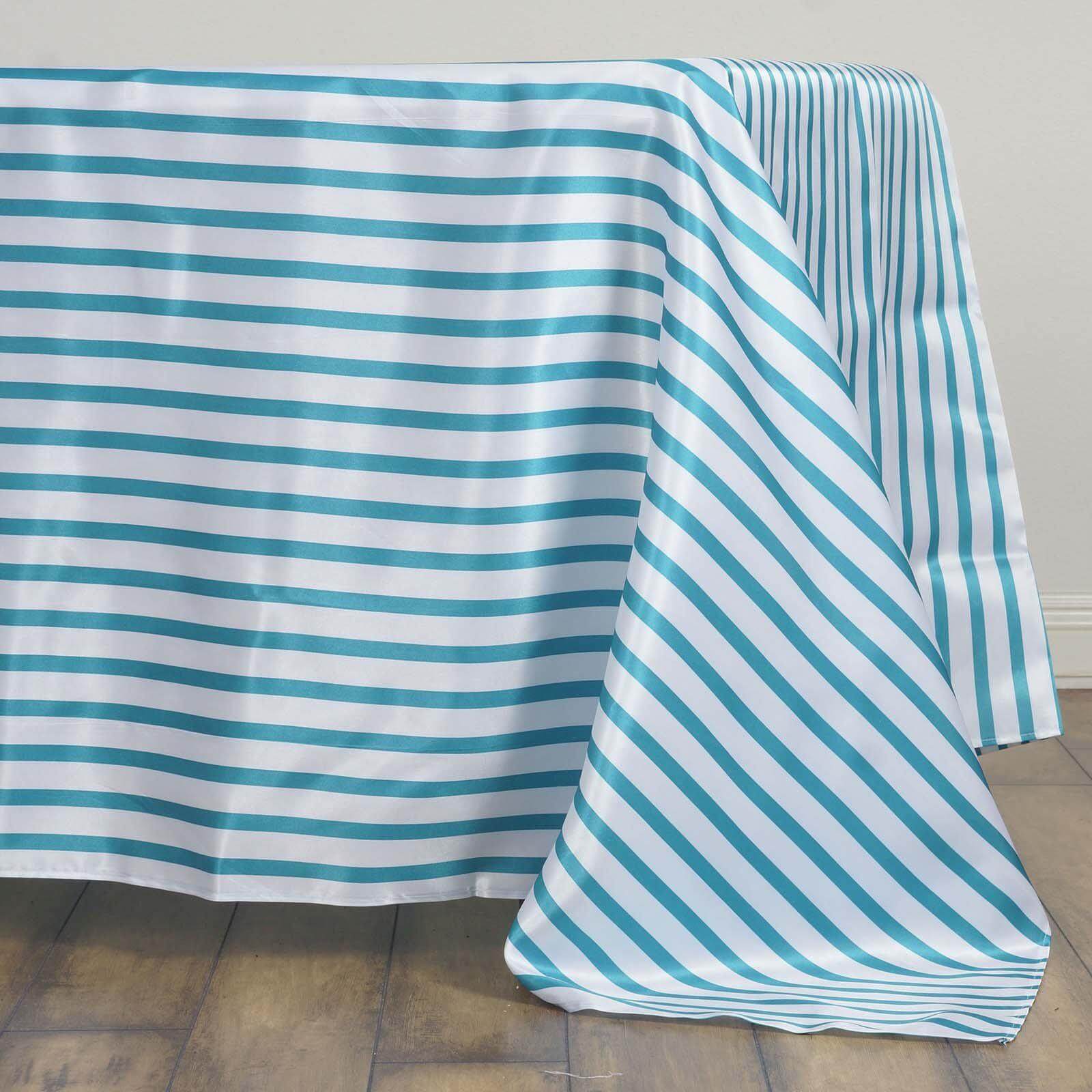 Hot Sale! White/Turquoise Stripe Satin Rectangle Tablecloth 60x126