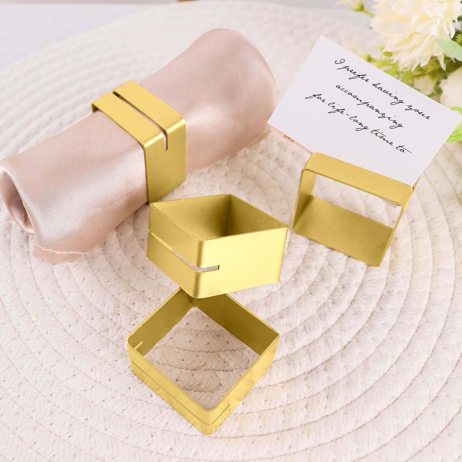 4-Pack Modern Matte Gold Metal Square Napkin Rings with Place Card Holder - Ideal for Events
