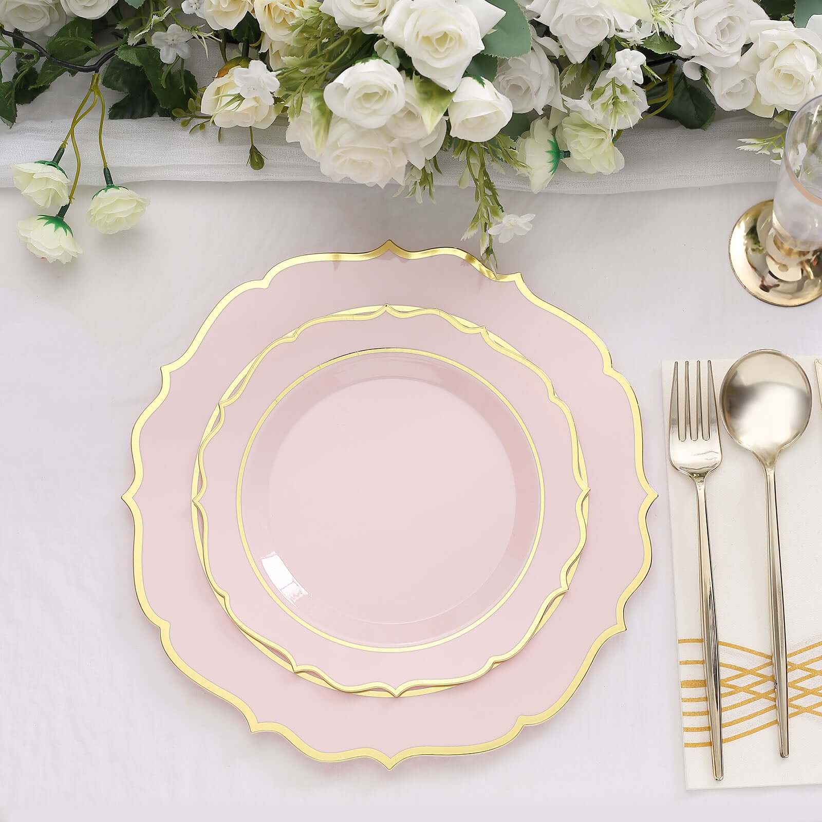 Hot Deal! 10-Pack Disposable Blush Plastic Dinner Plates with Gold Scalloped Rim
