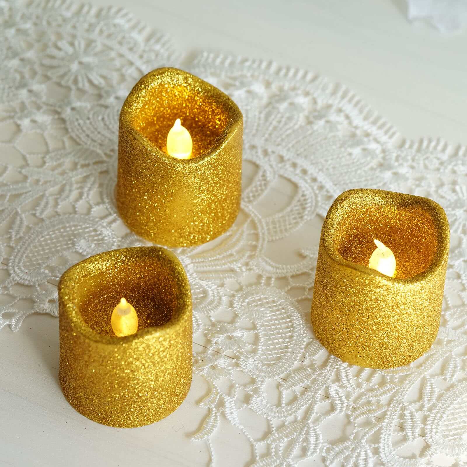 Hot Sale! 12-Piece Reusable Flameless LED Votive Candles with Glittered Gold Design, Battery Operated
