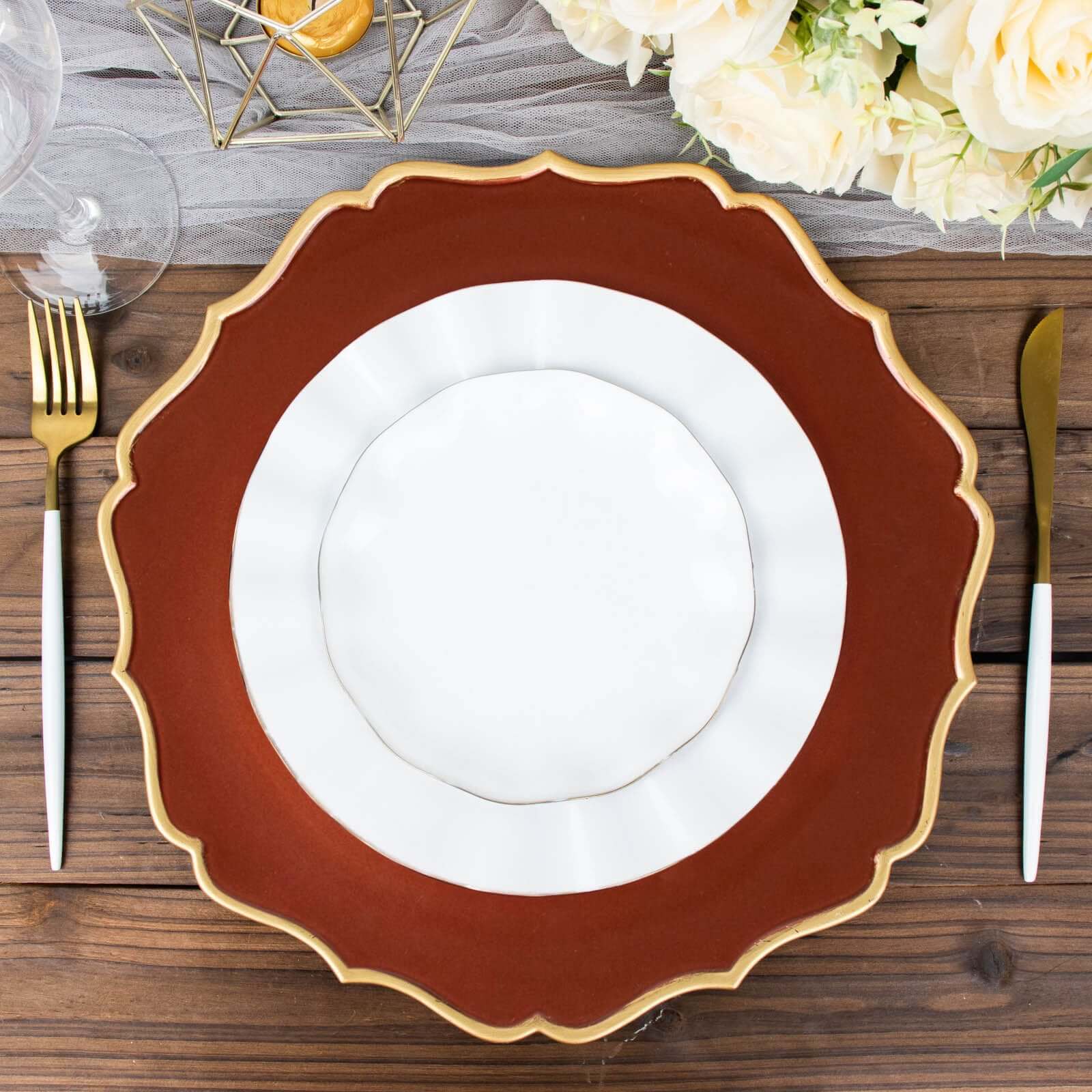 Hot Sale! 6-Piece Set of 13-Inch Terracotta (Rust) Acrylic Charger Plates with Gold Scalloped Rim for Dinner Parties