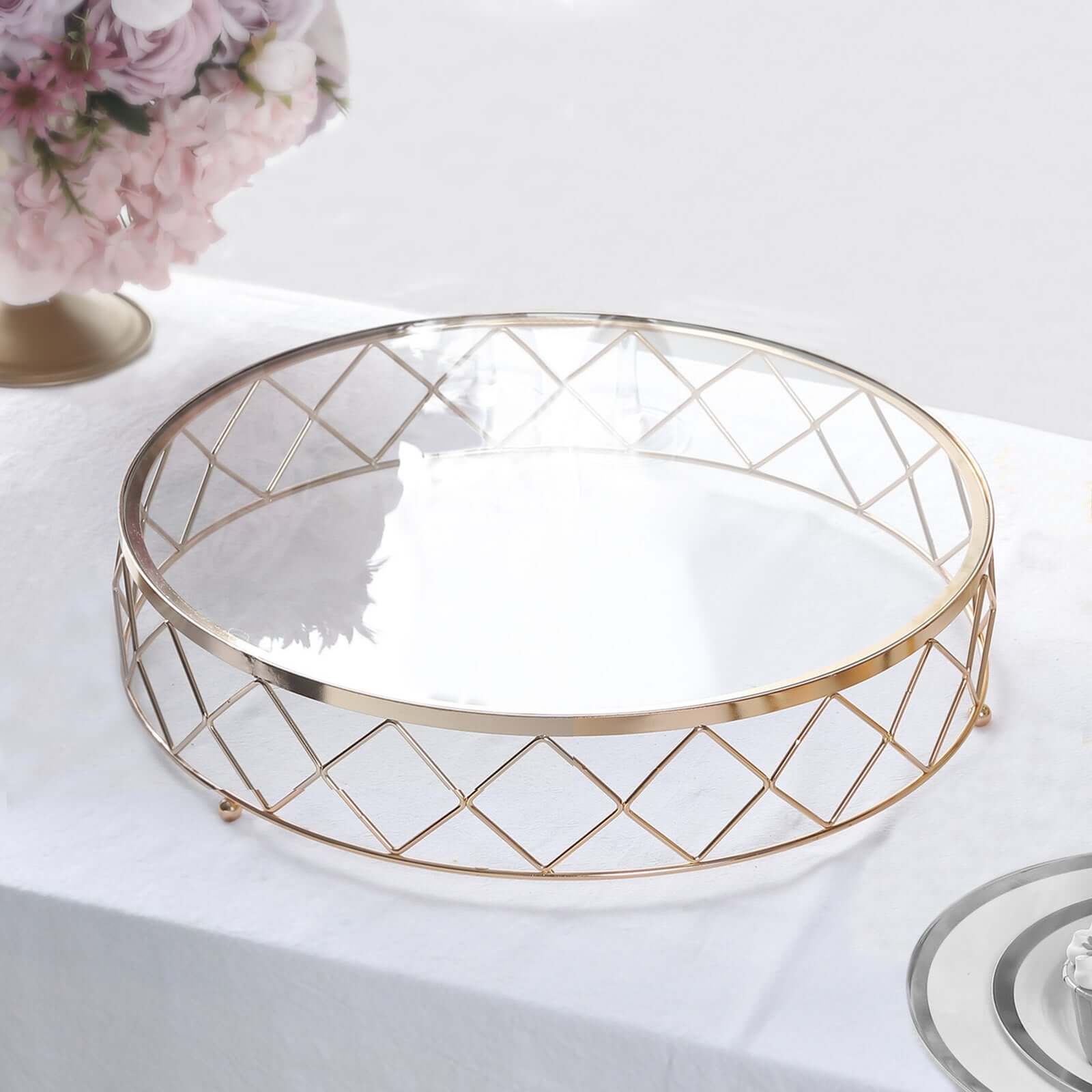 14-Inch Gold Metal Cake Stand with Geometric Diamond Cut Design and Glass Top for Dessert Display