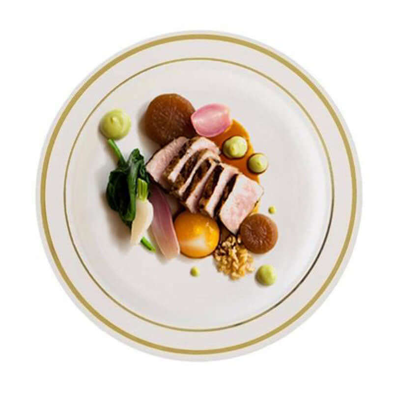 10-Piece Set of Disposable Ivory Plastic Dessert Plates with Stylish Gold Rim, 8 Inches