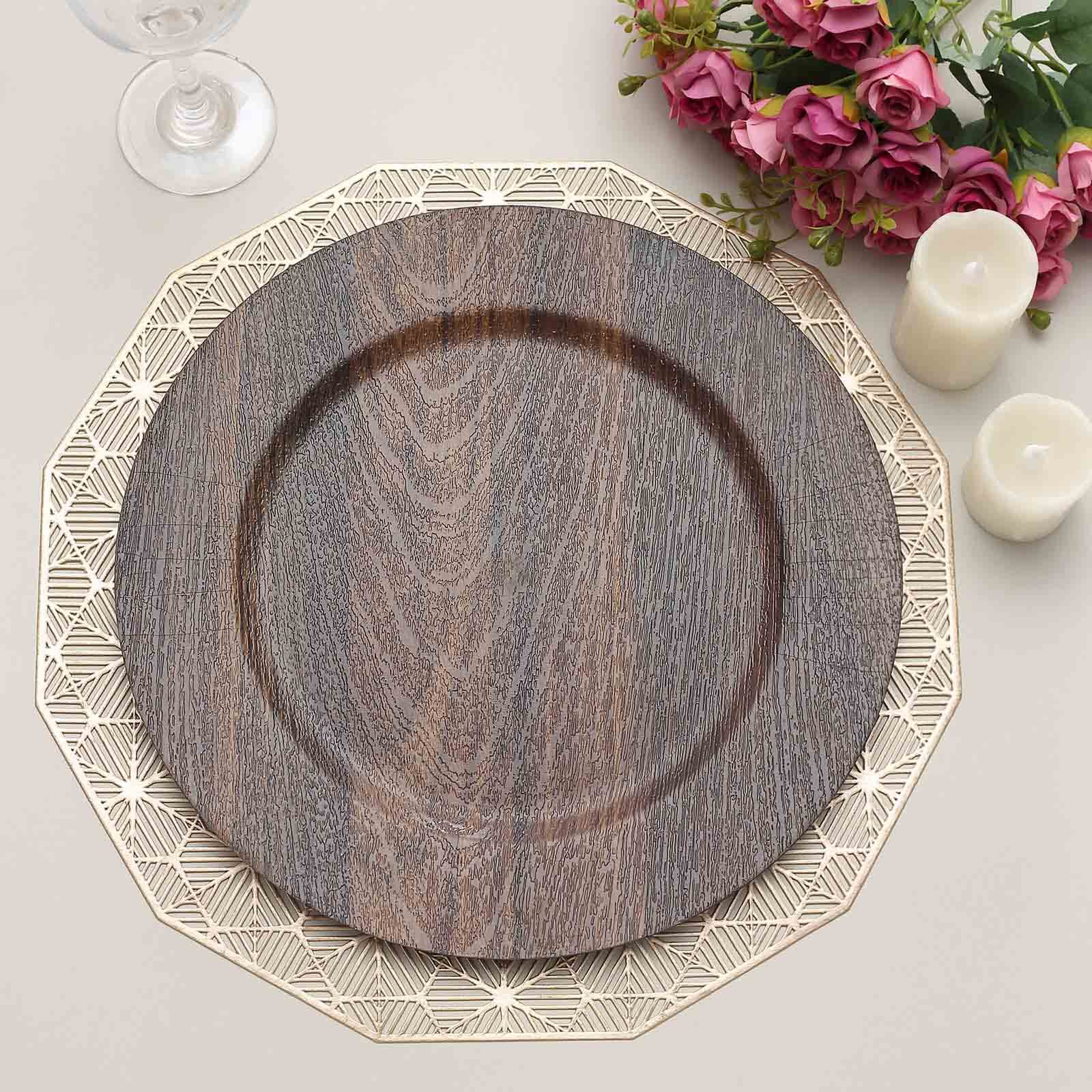 Hot Sale! 6-Piece Set of 13-Inch Dark Brown Plastic Charger Plates with Faux Wood Finish for Rustic Boho Dinner Parties