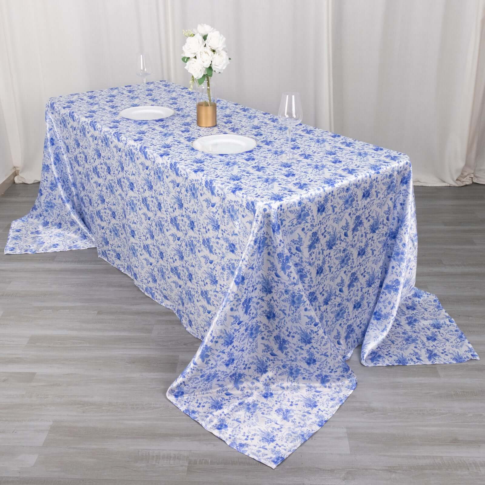 Exclusive Satin 90x132 Rectangular Tablecloth - White/Blue French Toile Design, Wrinkle-Resistant