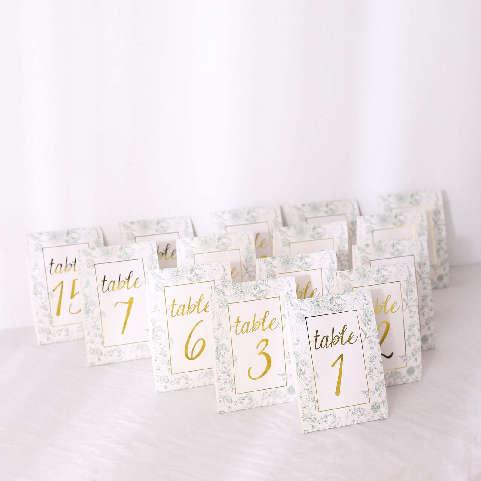 25-Pack Wedding Table Numbers 1 - 25: White/Sage Green French Toile Design with Gold Foil, Free Standing Double Sided Signs
