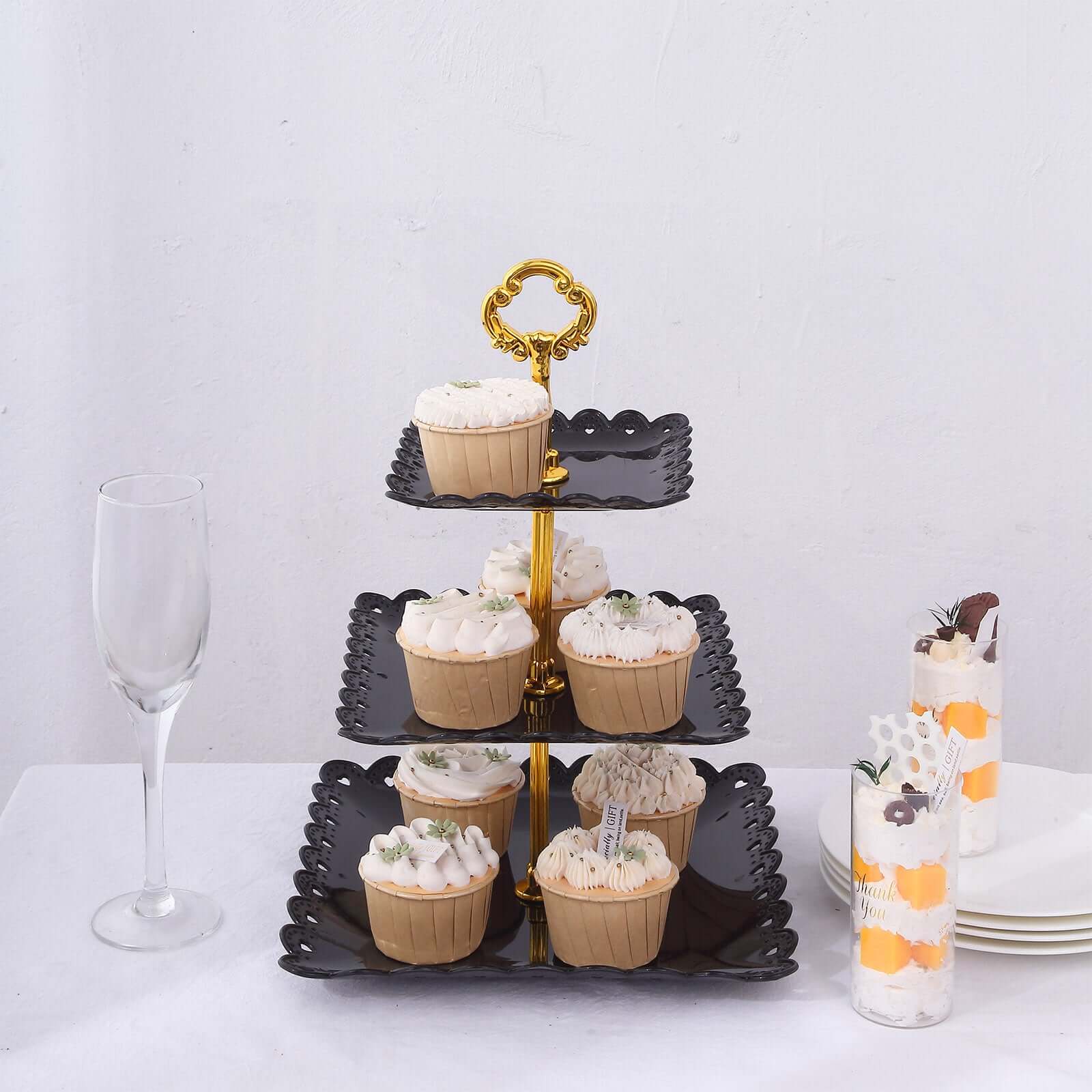 Black 3-Tier Plastic Square Cupcake Stand Tower - Ideal for Tea Parties, Weddings & Special Occasions