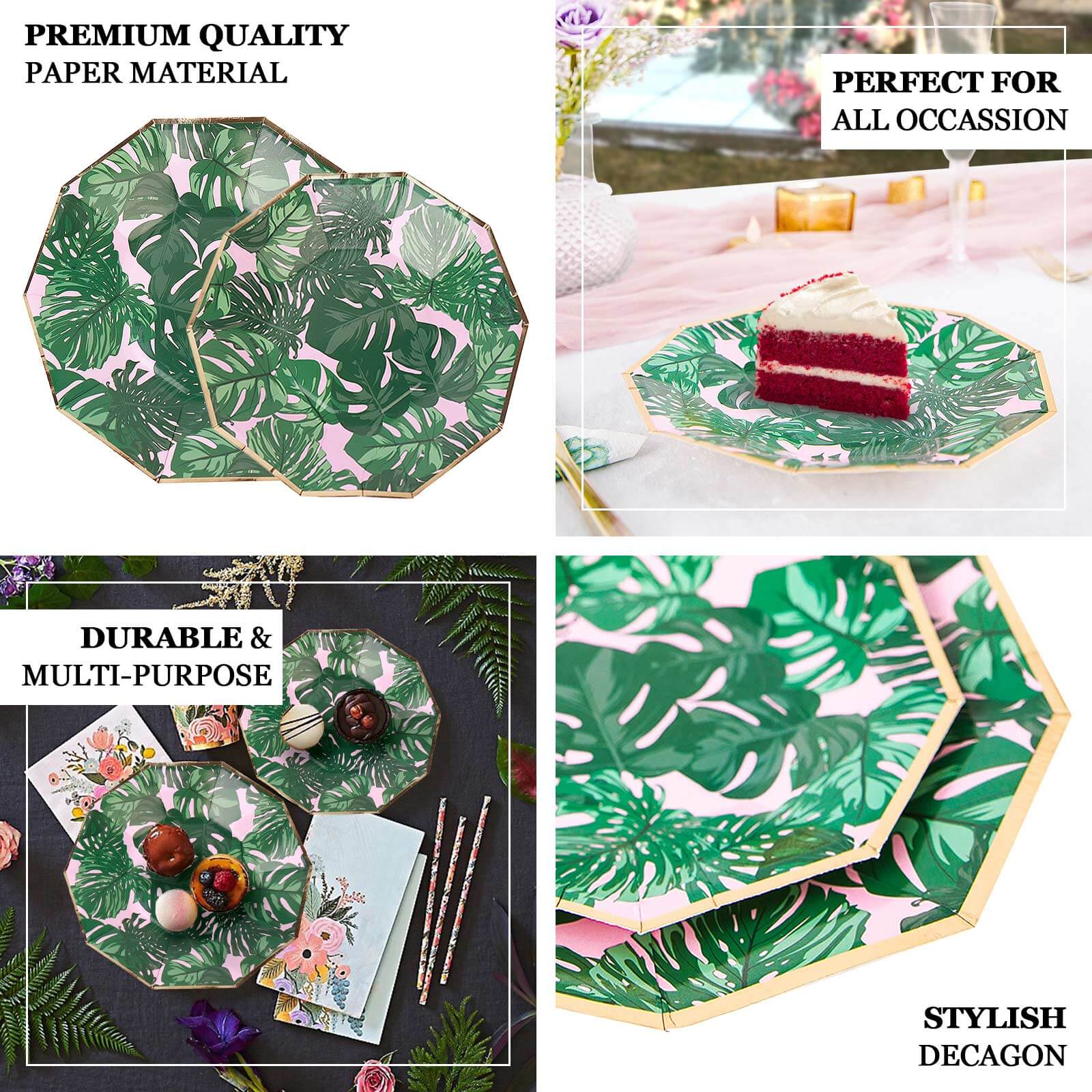 Hot Deal! 25-Pack Disposable 7-Inch Pink Paper Decagon Dessert Plates with Green Tropical Palm Leaves & Gold Rim for Boho & Jungle Events