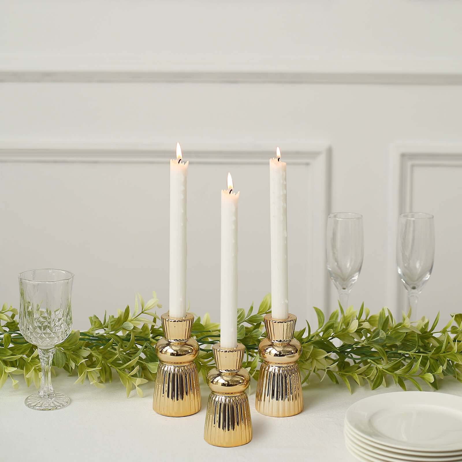Set of 3 Metallic Gold Ceramic Taper Candle Holders with Fluted Ball Neck Design