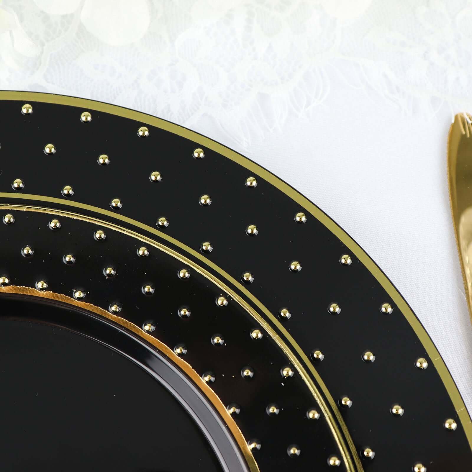 Get 10-Pack Durable Disposable Black Plastic Dessert Plates with Gold 3D Dotted Rim for Events