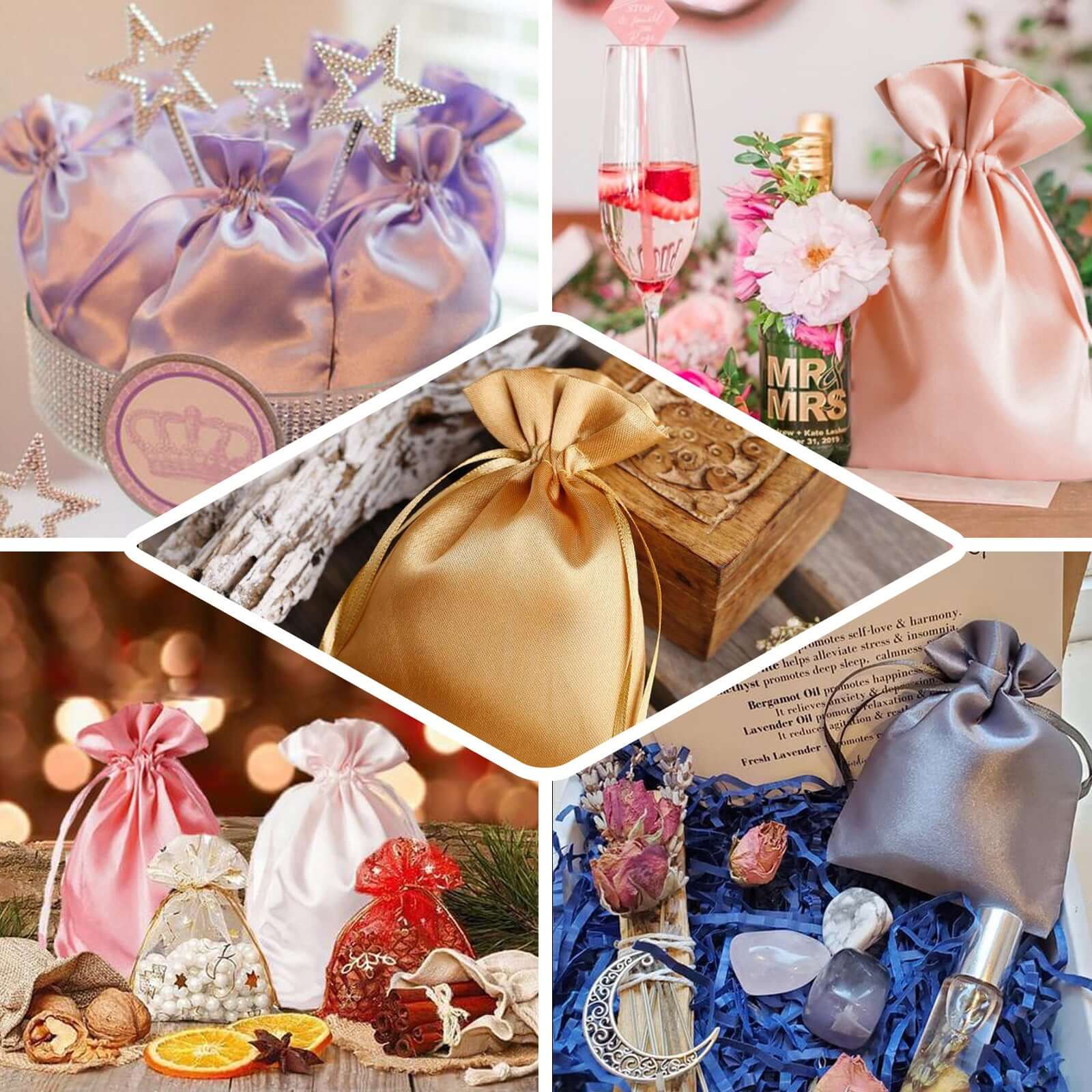 12-Pack 6x9 Navy Blue Satin Drawstring Wedding Favor Gift Bags