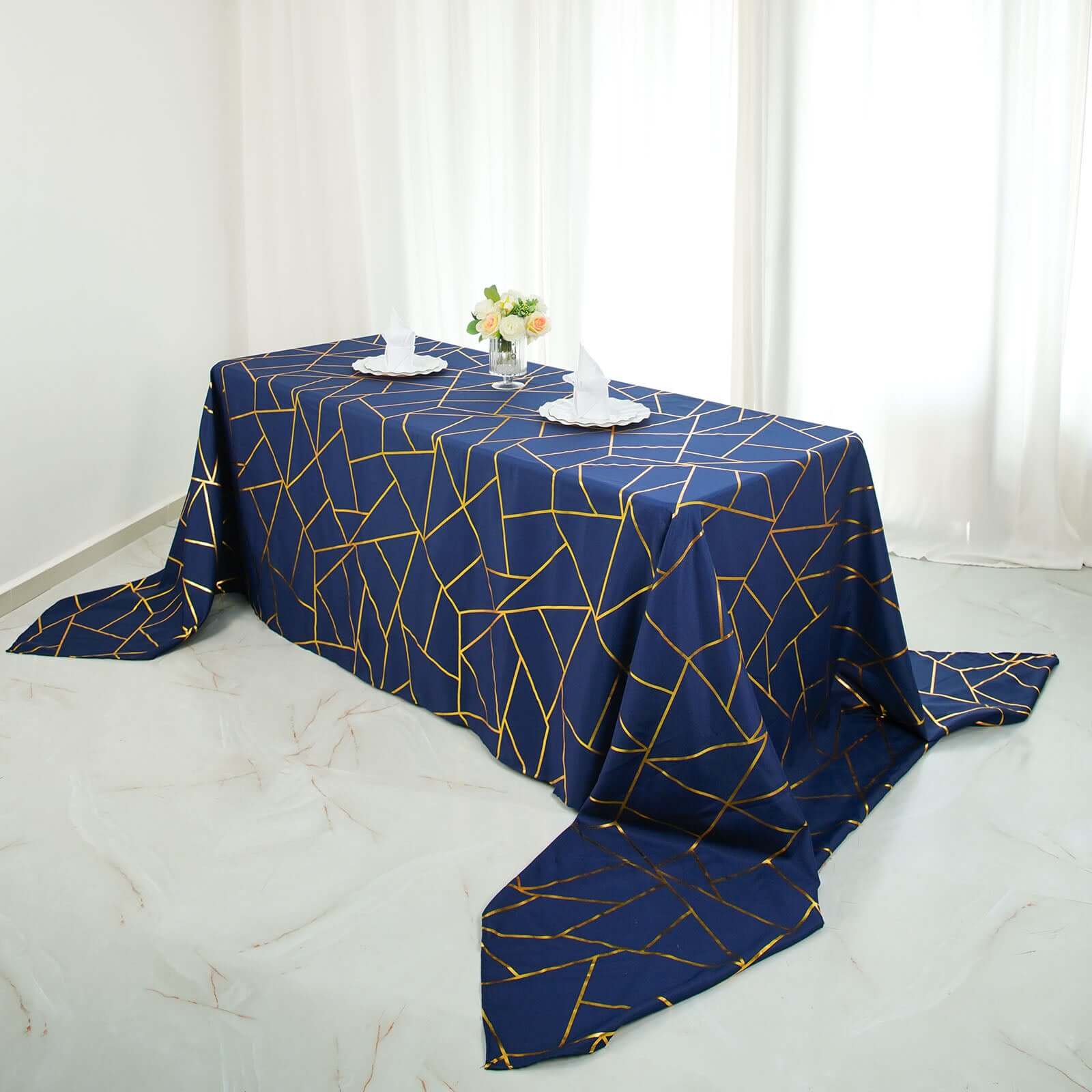 Wrinkle-Resistant Navy Blue Polyester Tablecloth with Gold Foil Pattern for Elegant Events