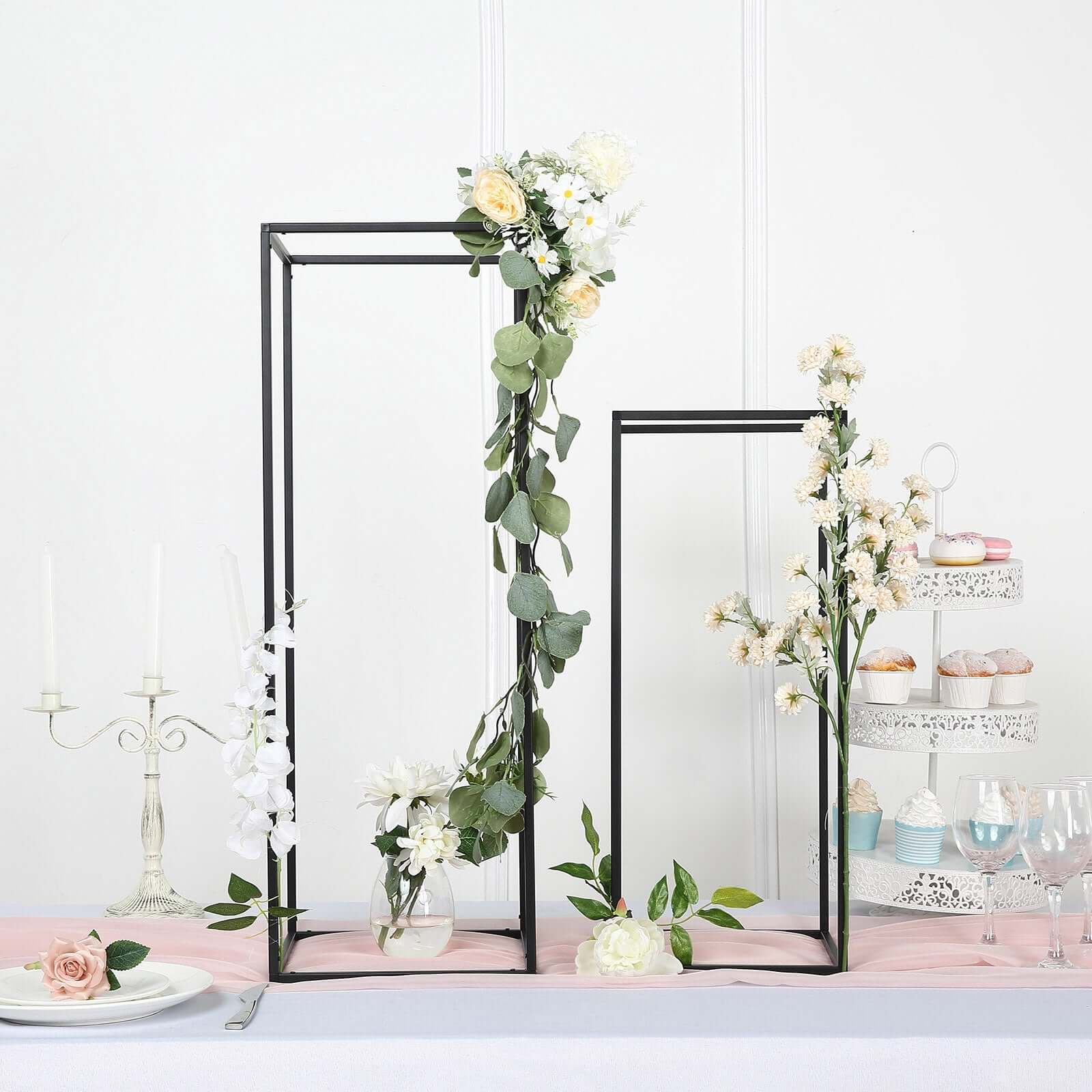2-Pack Matte Black Metal Geometric Rectangular Wedding Flower Stand, 24-Inch