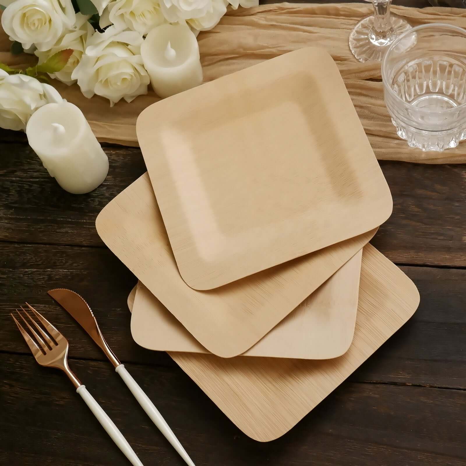 10-Pack Natural Bamboo 9 Square Dinner Plates - Eco-Friendly Disposable for Events