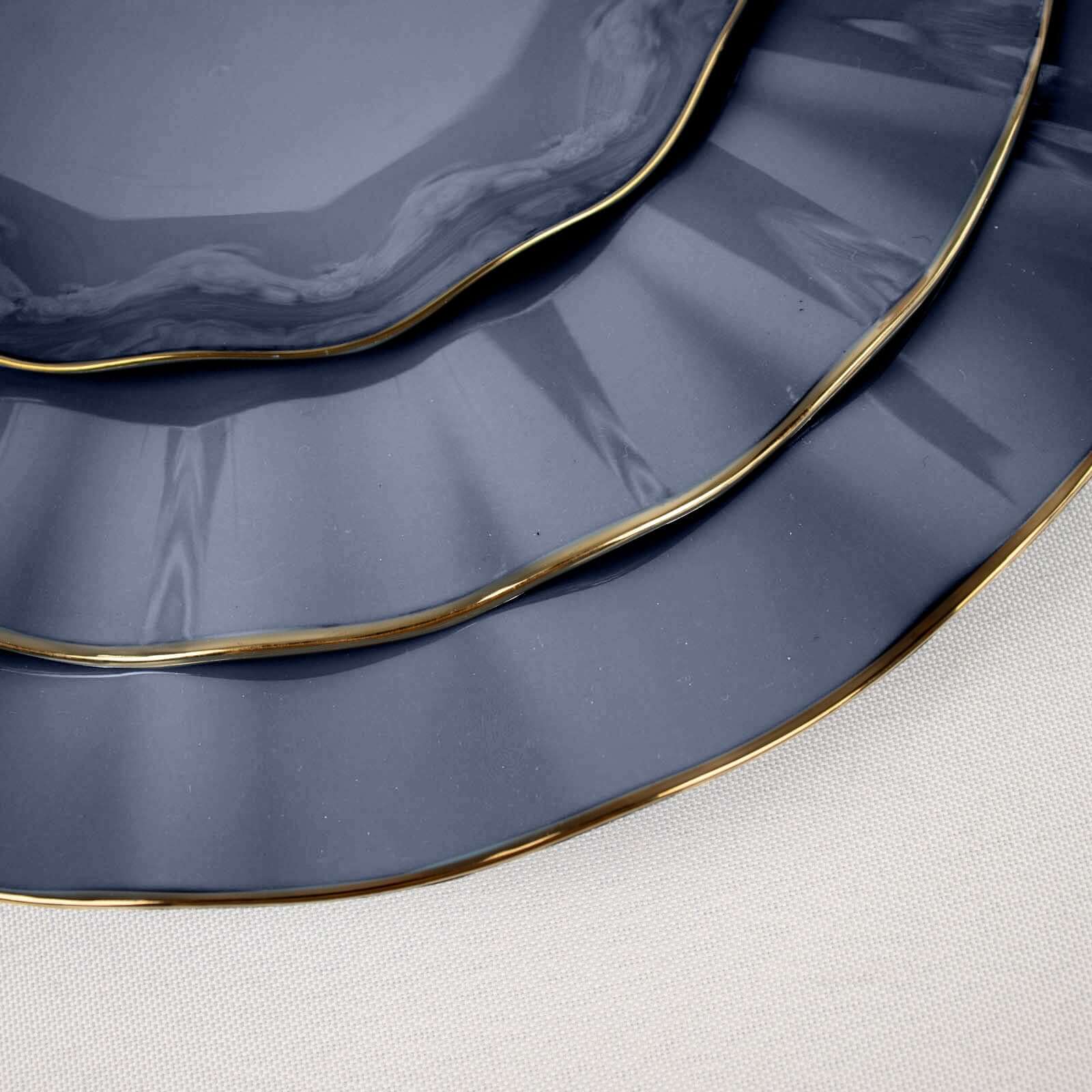 Great Deal! 10-Pack Navy Blue Plastic Round Dessert Plates with Ruffled Rim and Gold Edging