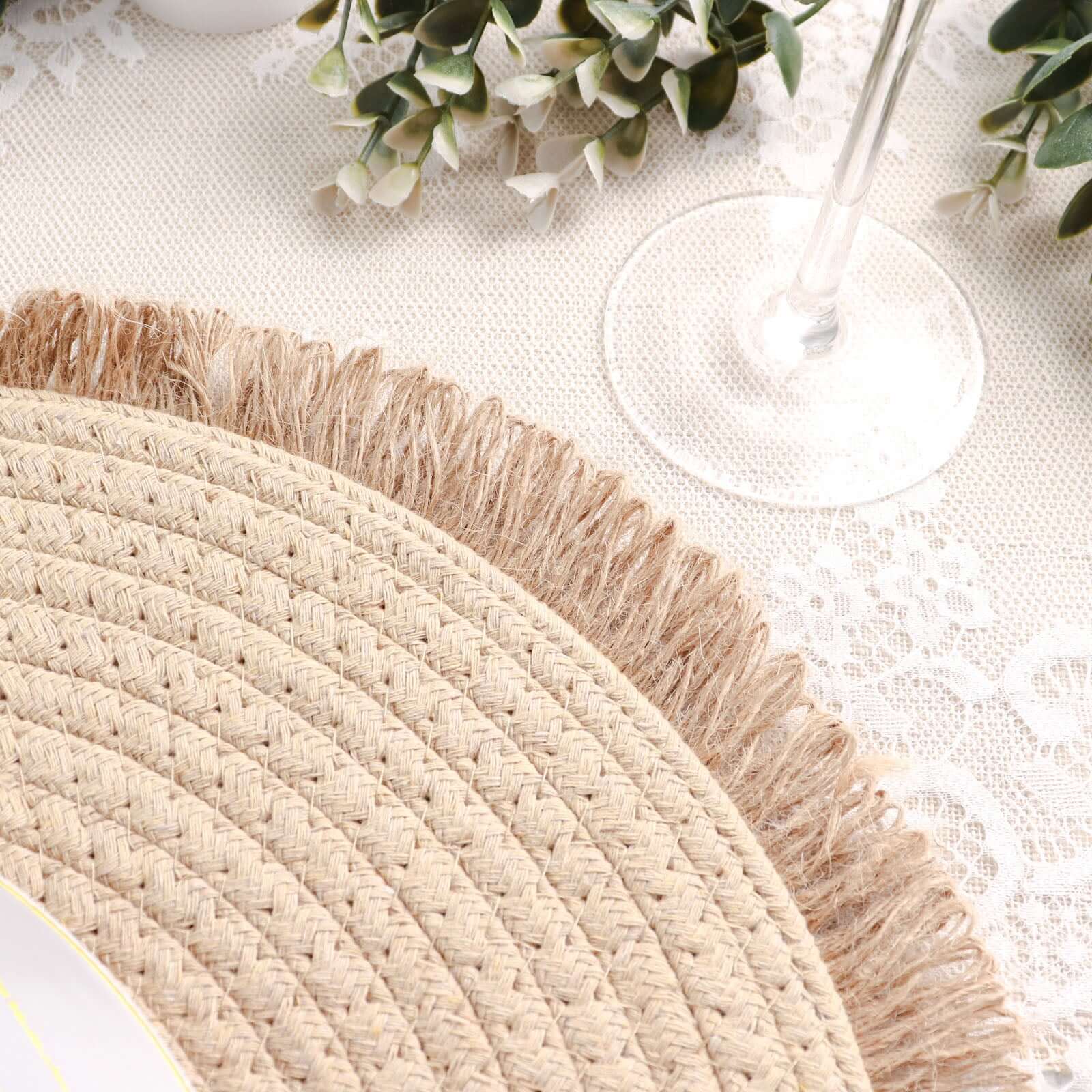 4-Pack Natural Rustic Burlap Jute Round Placemats with Fringed Edge - Farmhouse Style Table Decor